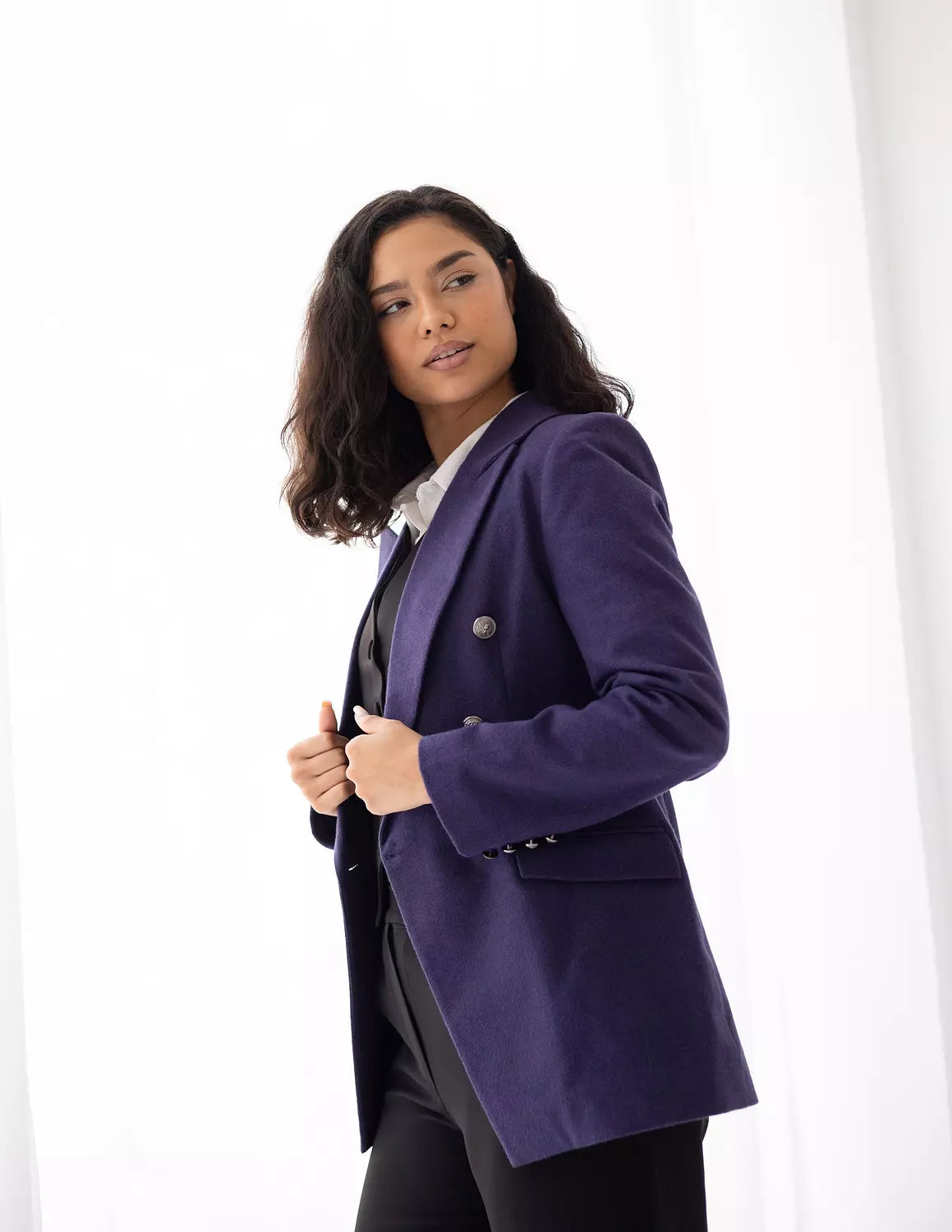 Metallic Violet Tweed Wool Double Breasted Blazer