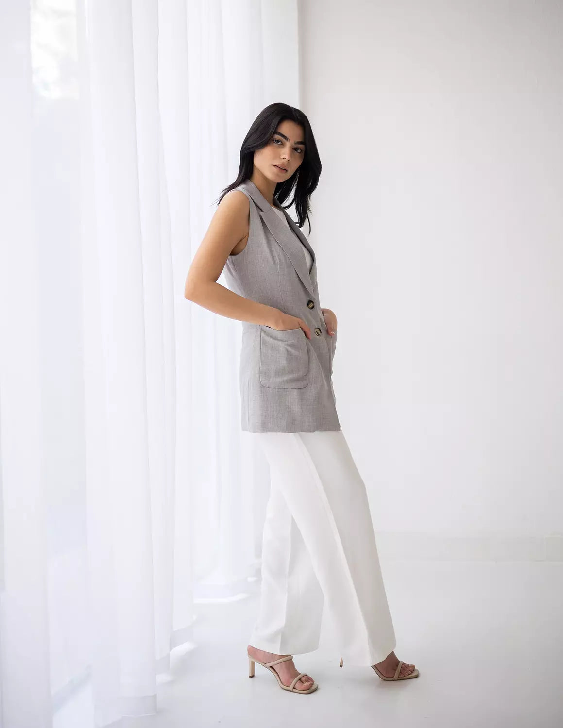 Light Gray Long Linen Vest