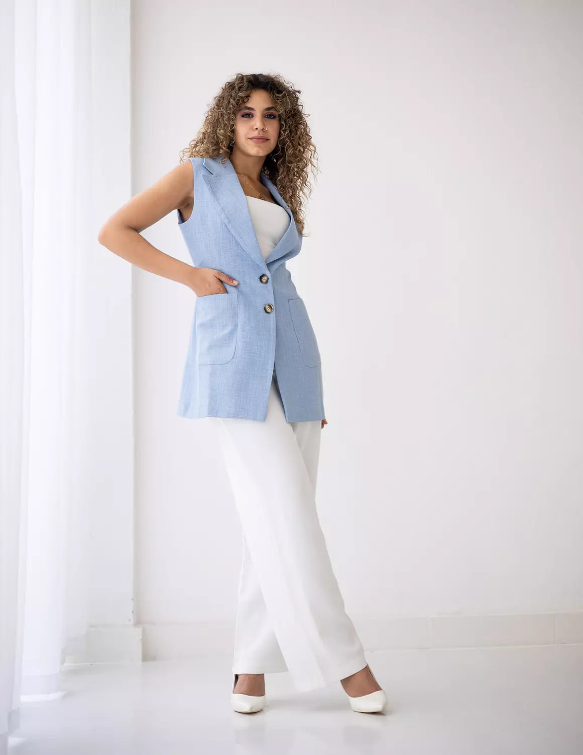 Sky Blue Long Linen Vest