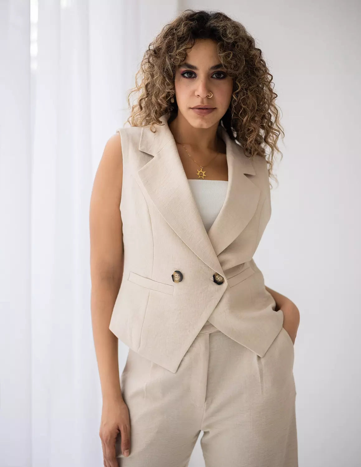 Light Beige Linen Double Breasted Cropped Vest