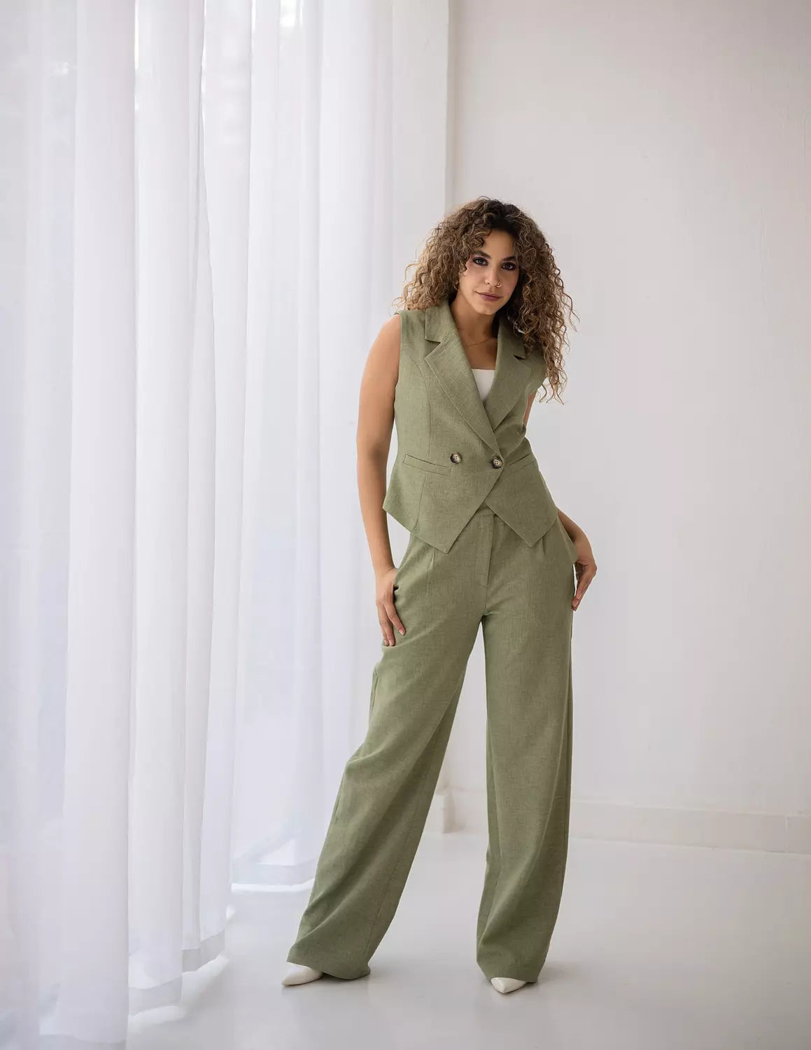 Vineyard Green Linen Double Breasted Cropped Vest