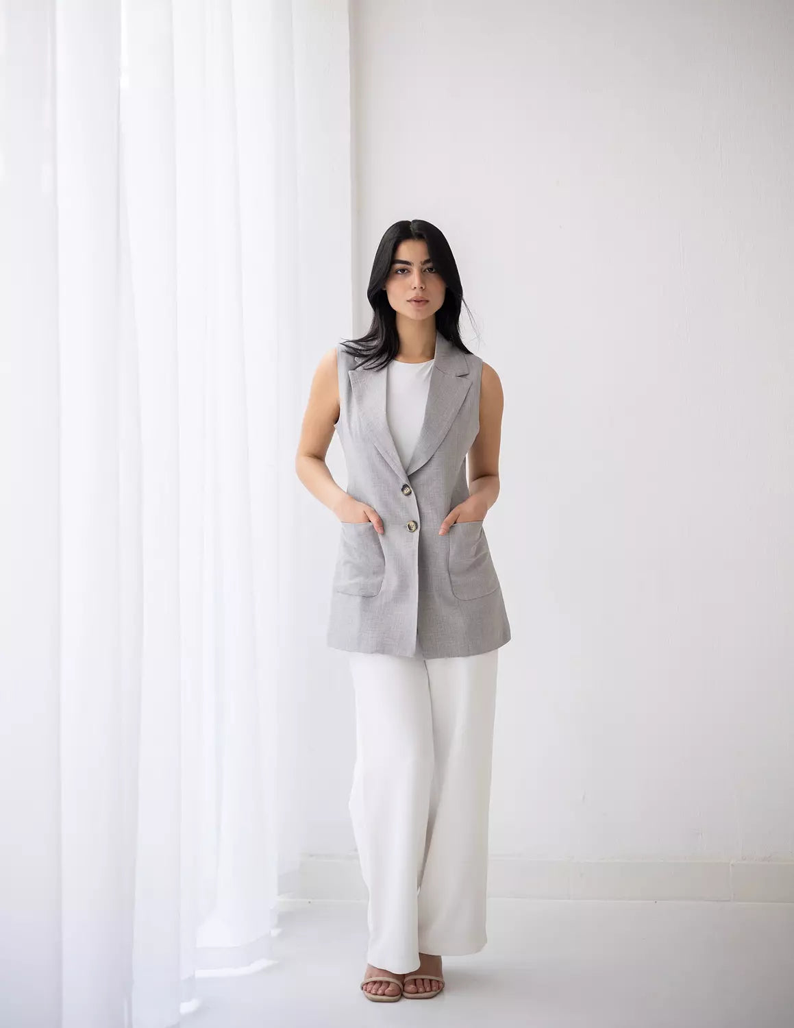 Light Gray Long Linen Vest
