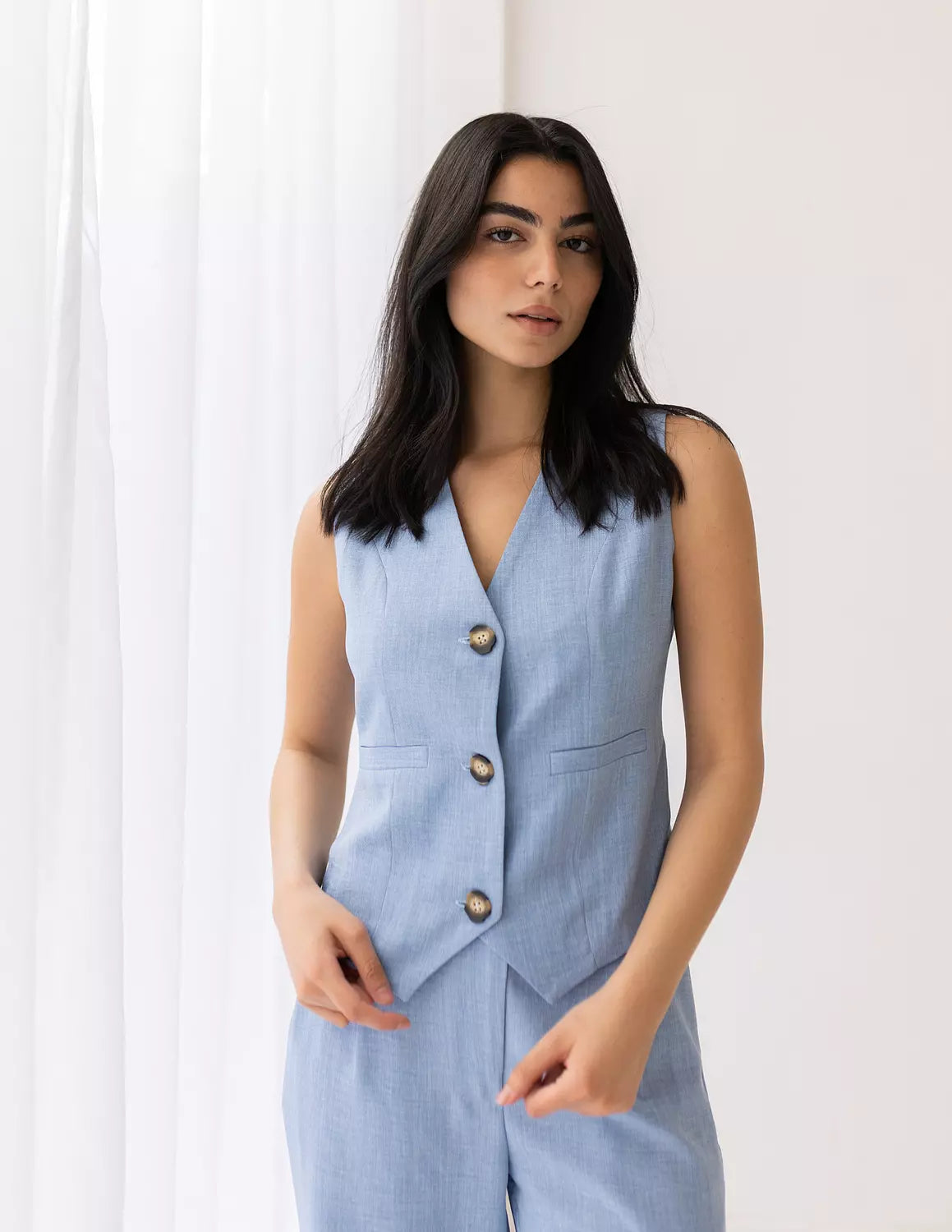 Sky Blue Linen Cropped Vest