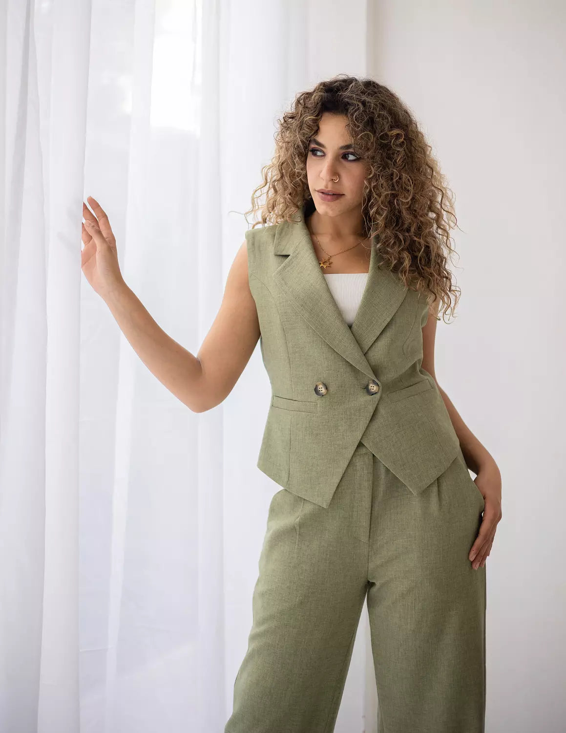 Vineyard Green Linen Double Breasted Cropped Vest