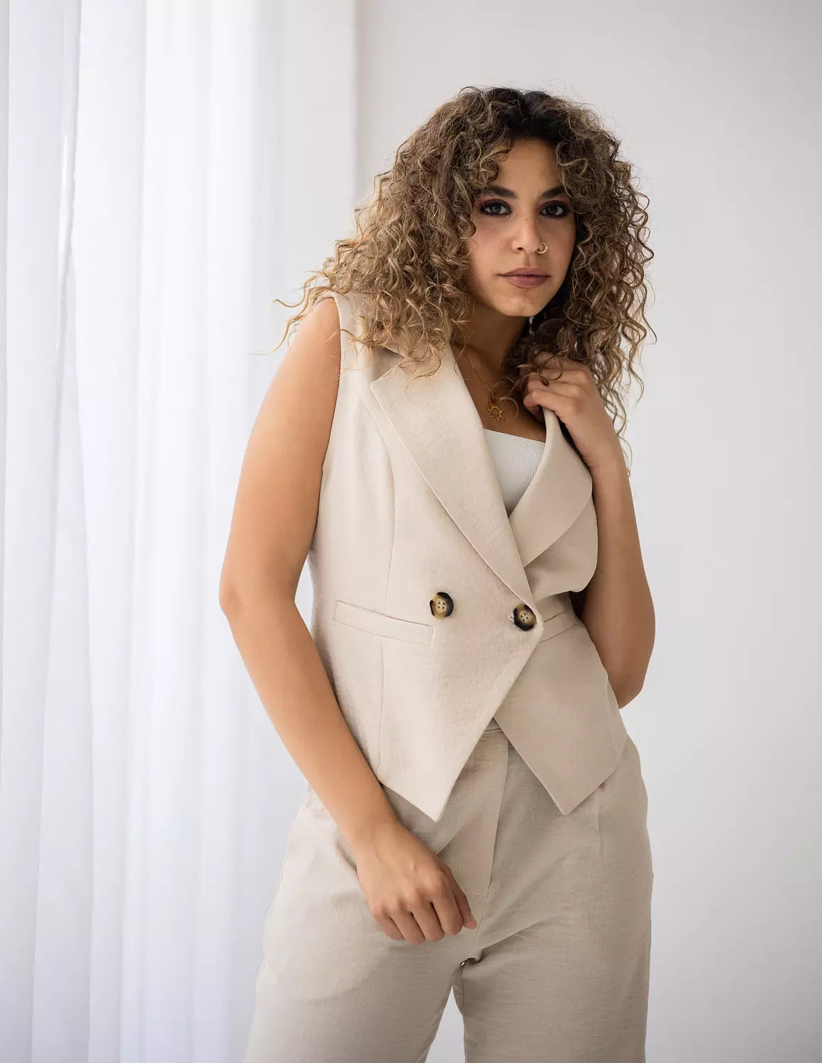 Light Beige Linen Double Breasted Cropped Vest