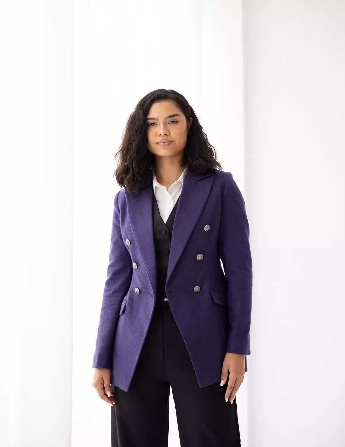 Metallic Violet Tweed Wool Double Breasted Blazer