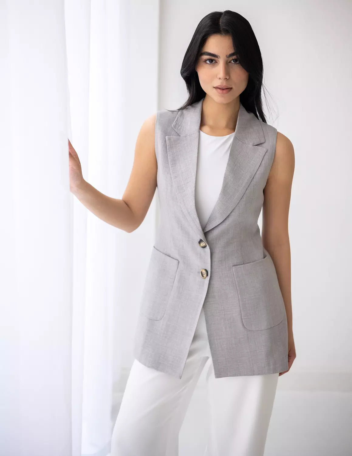 Light Gray Long Linen Vest