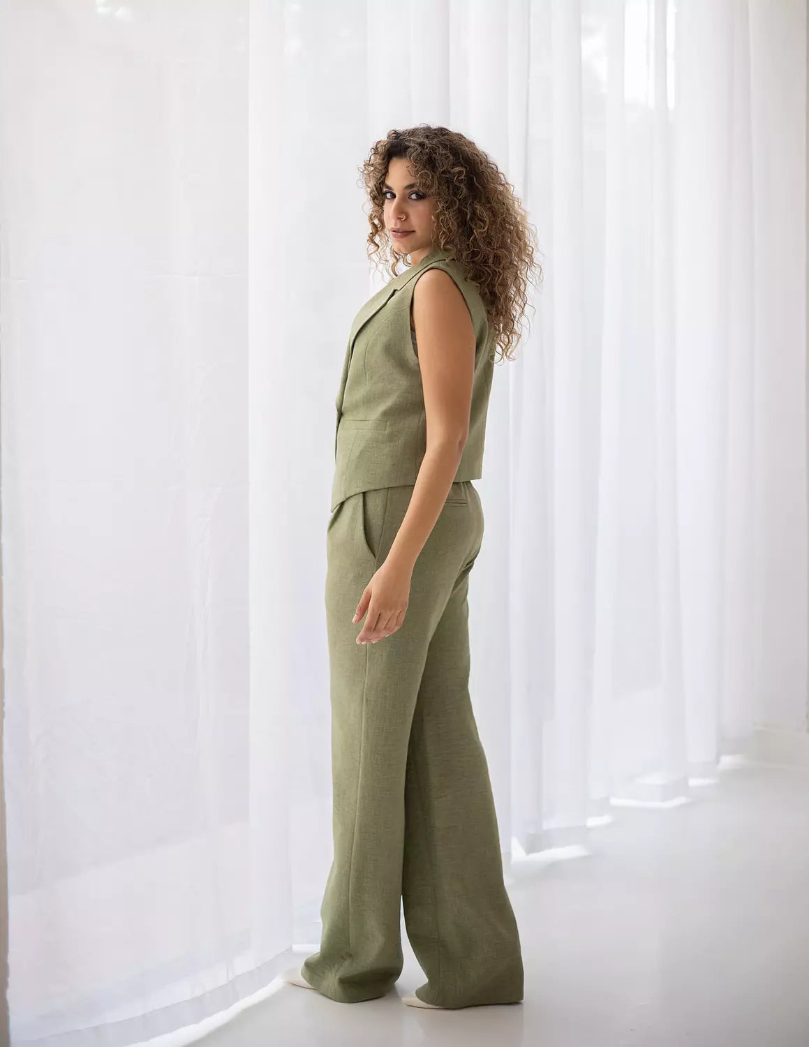 Vineyard Green Linen Double Breasted Cropped Vest