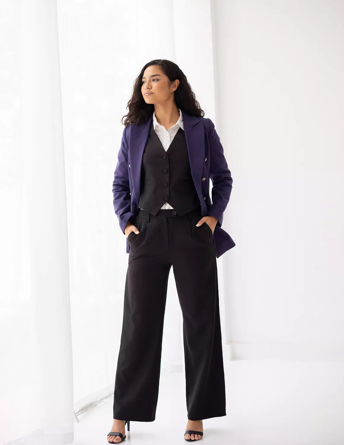 Metallic Violet Tweed Wool Double Breasted Blazer