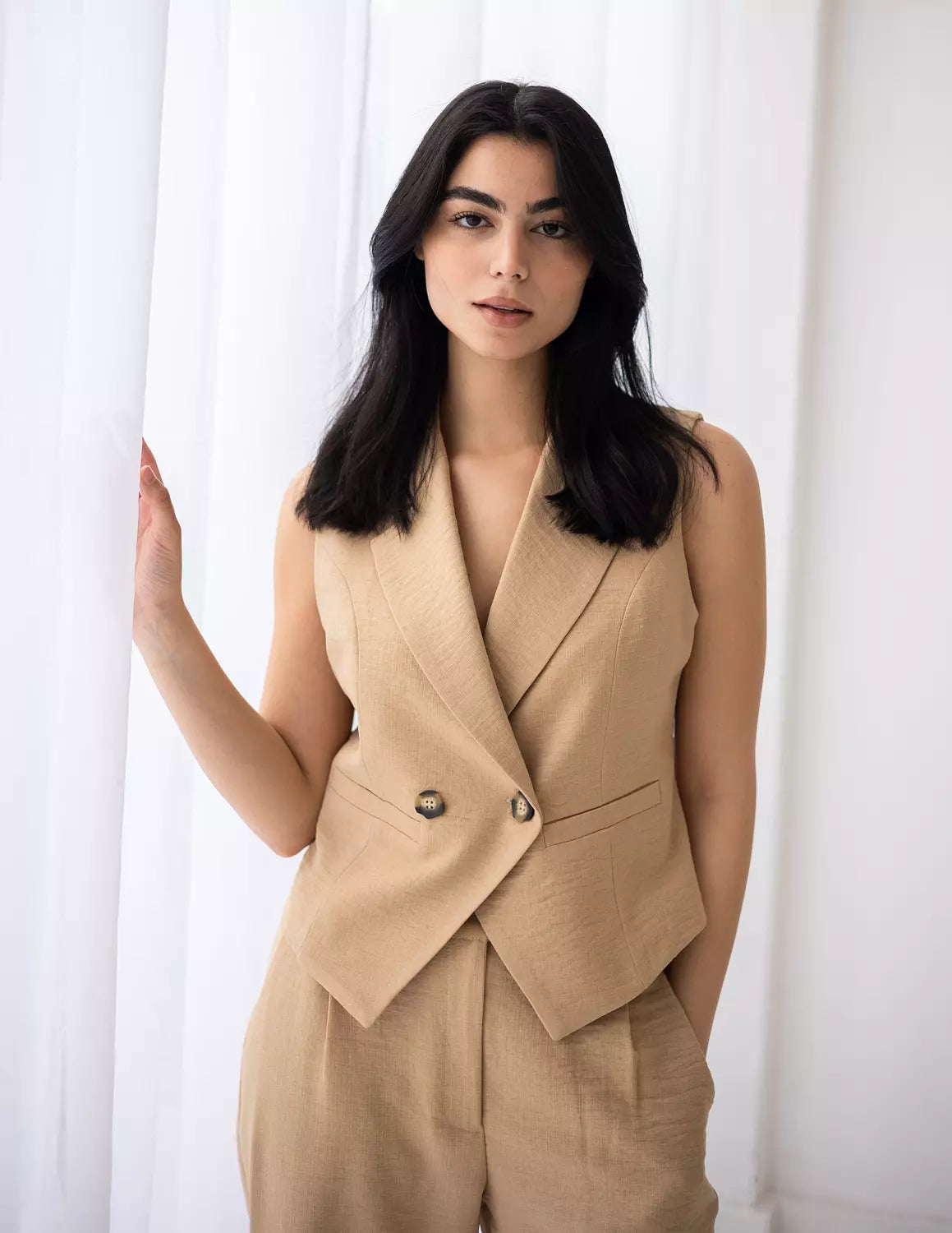 Honey Beige Linen Double Breasted Cropped Vest