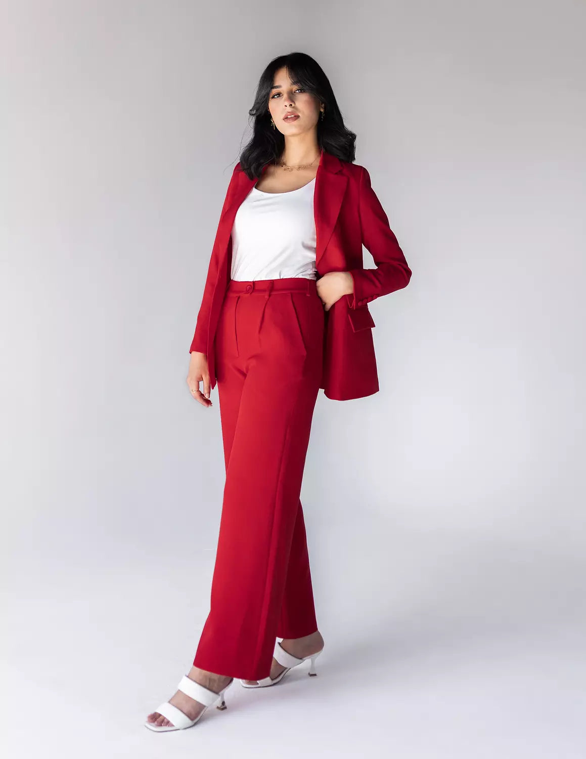 Coral Red Wide-Leg Straight Mid Pants