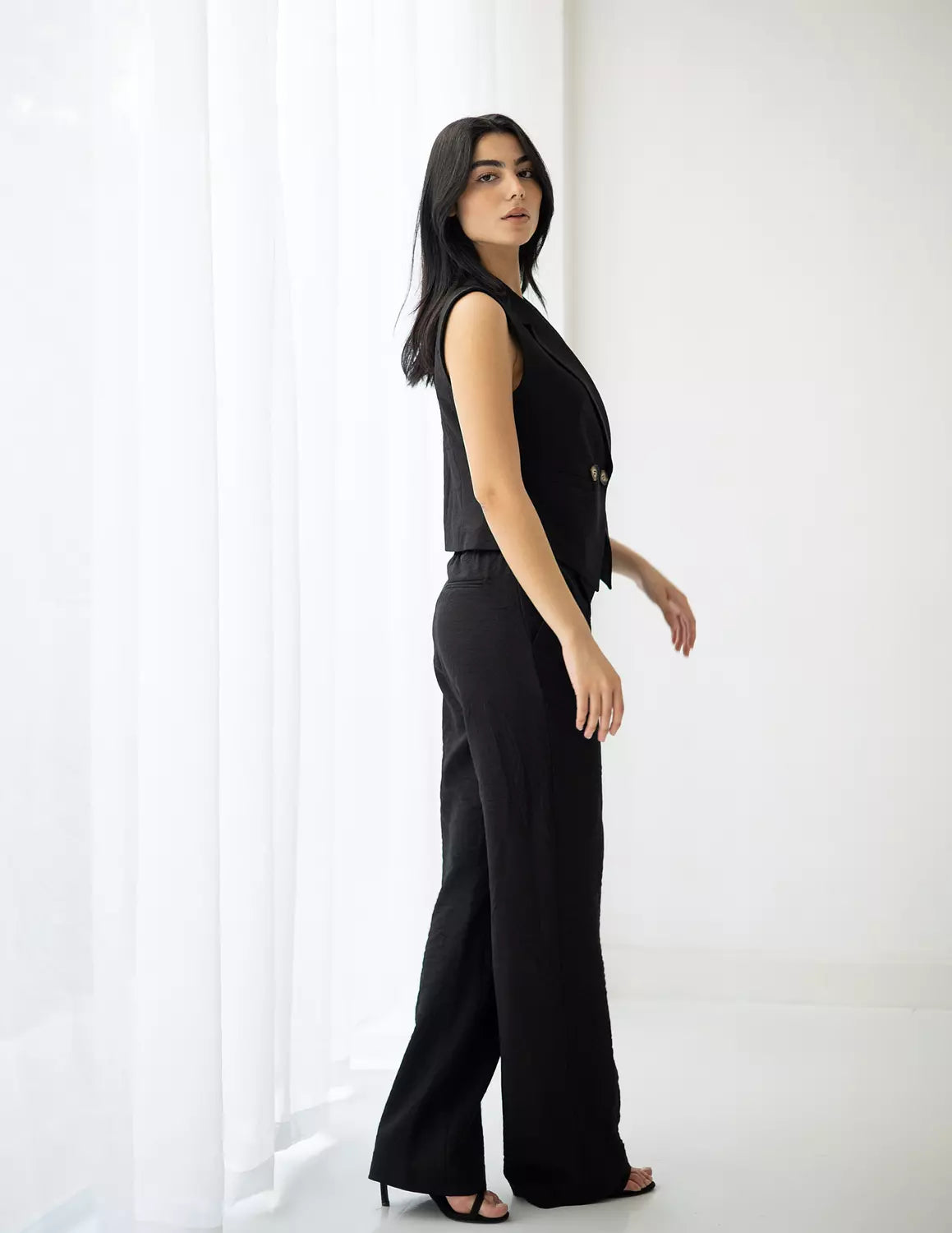 Midnight Linen Double Breasted Cropped Vest