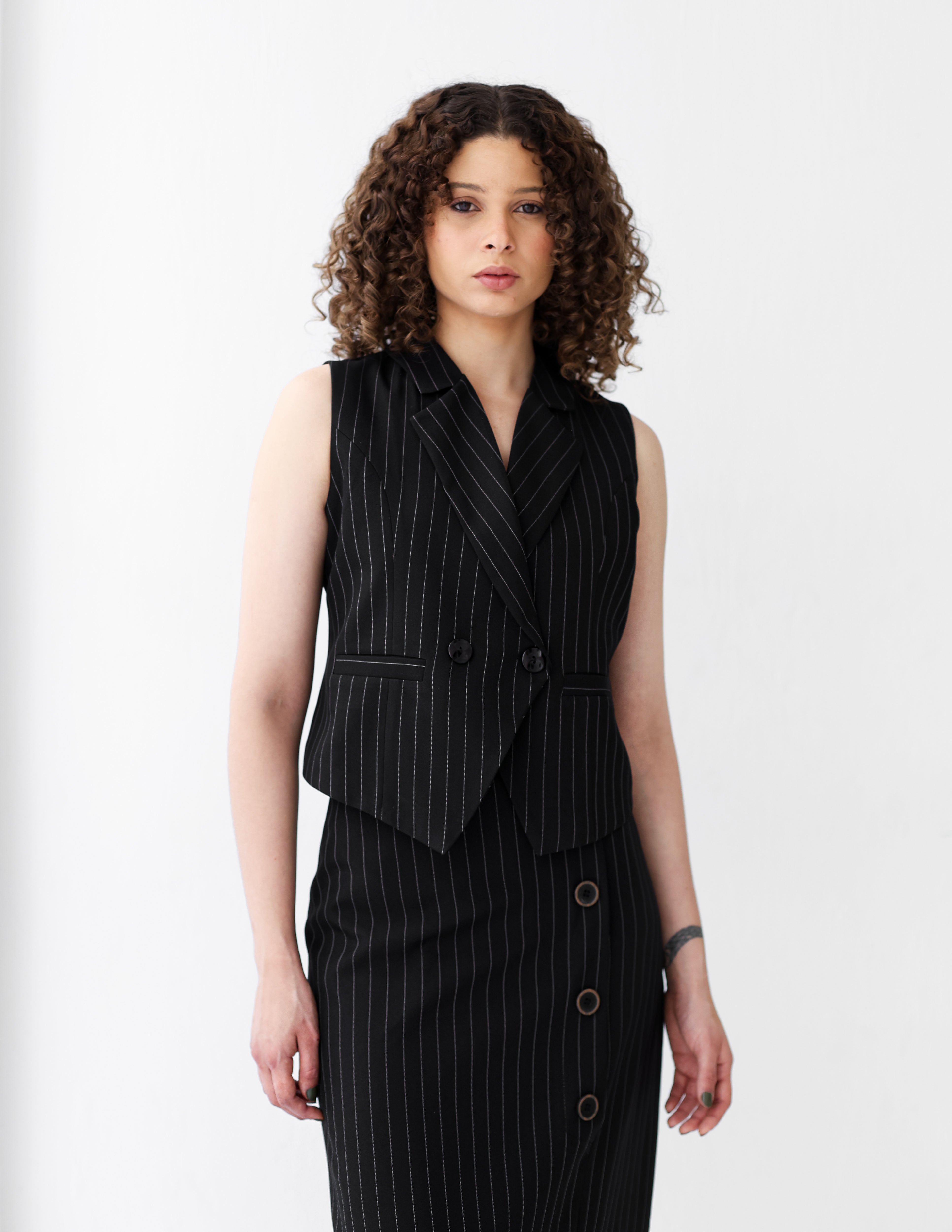 Striped Black Double Breasted Cropped Vest