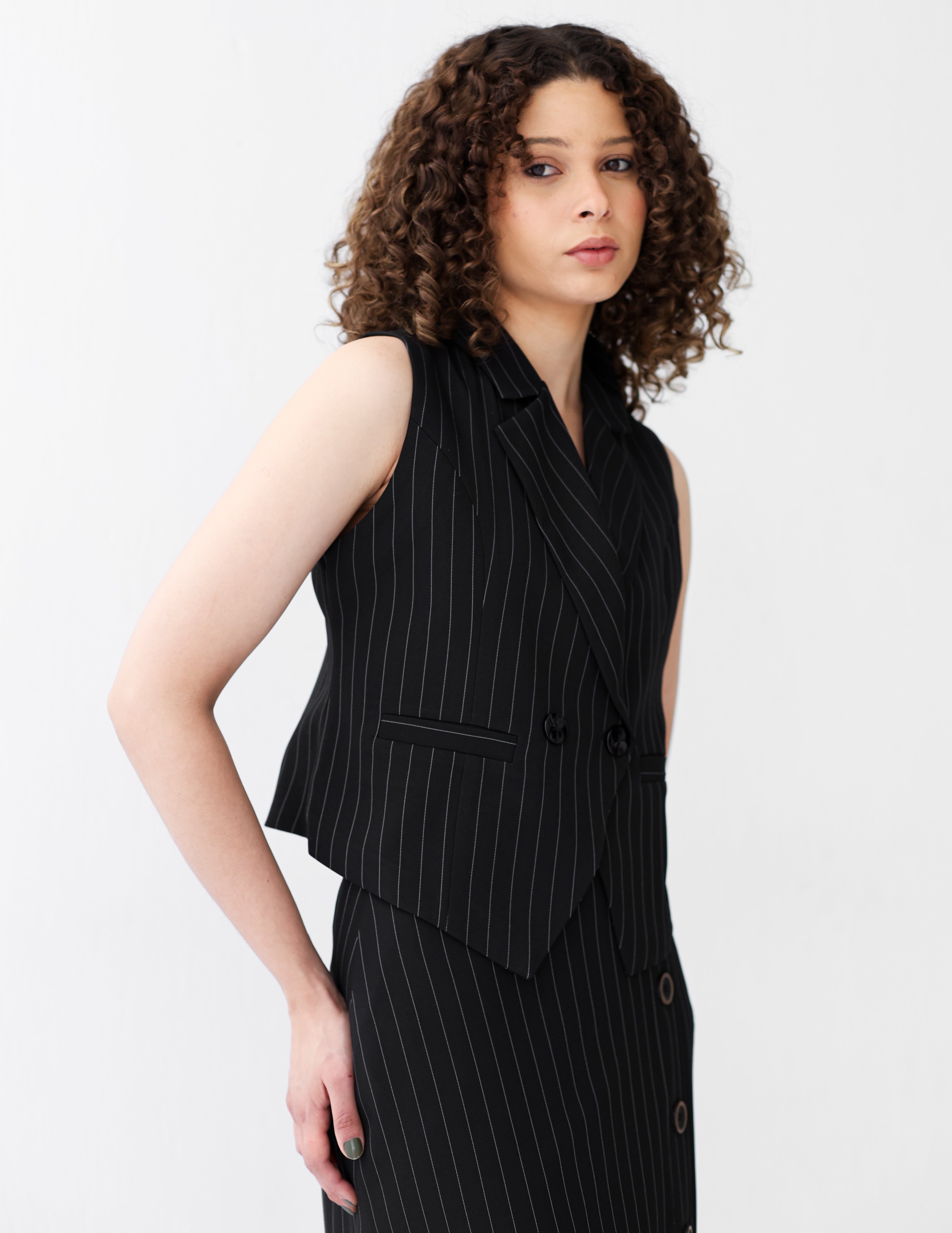 Striped Black Double Breasted Cropped Vest