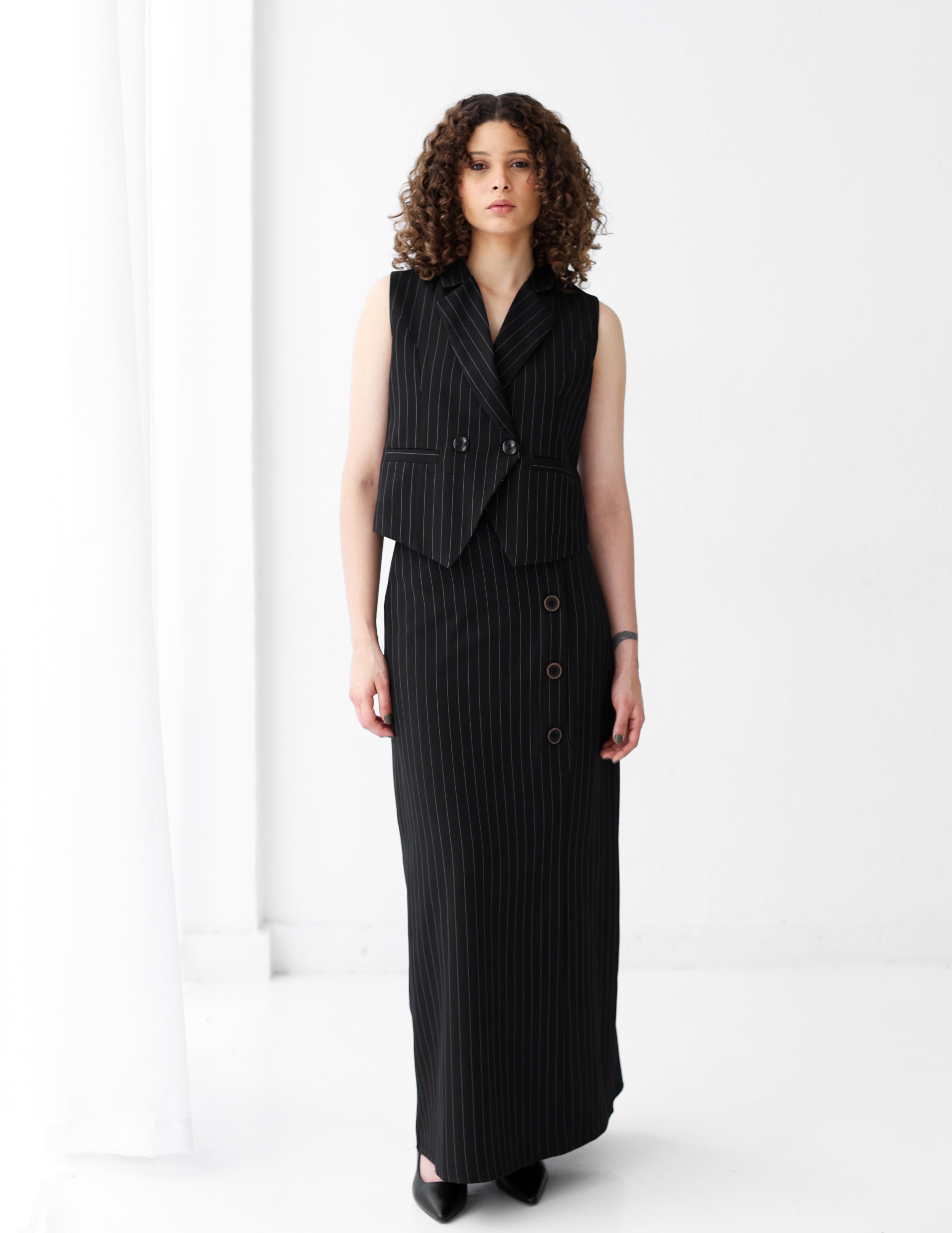 Striped Black Double Breasted Cropped Vest