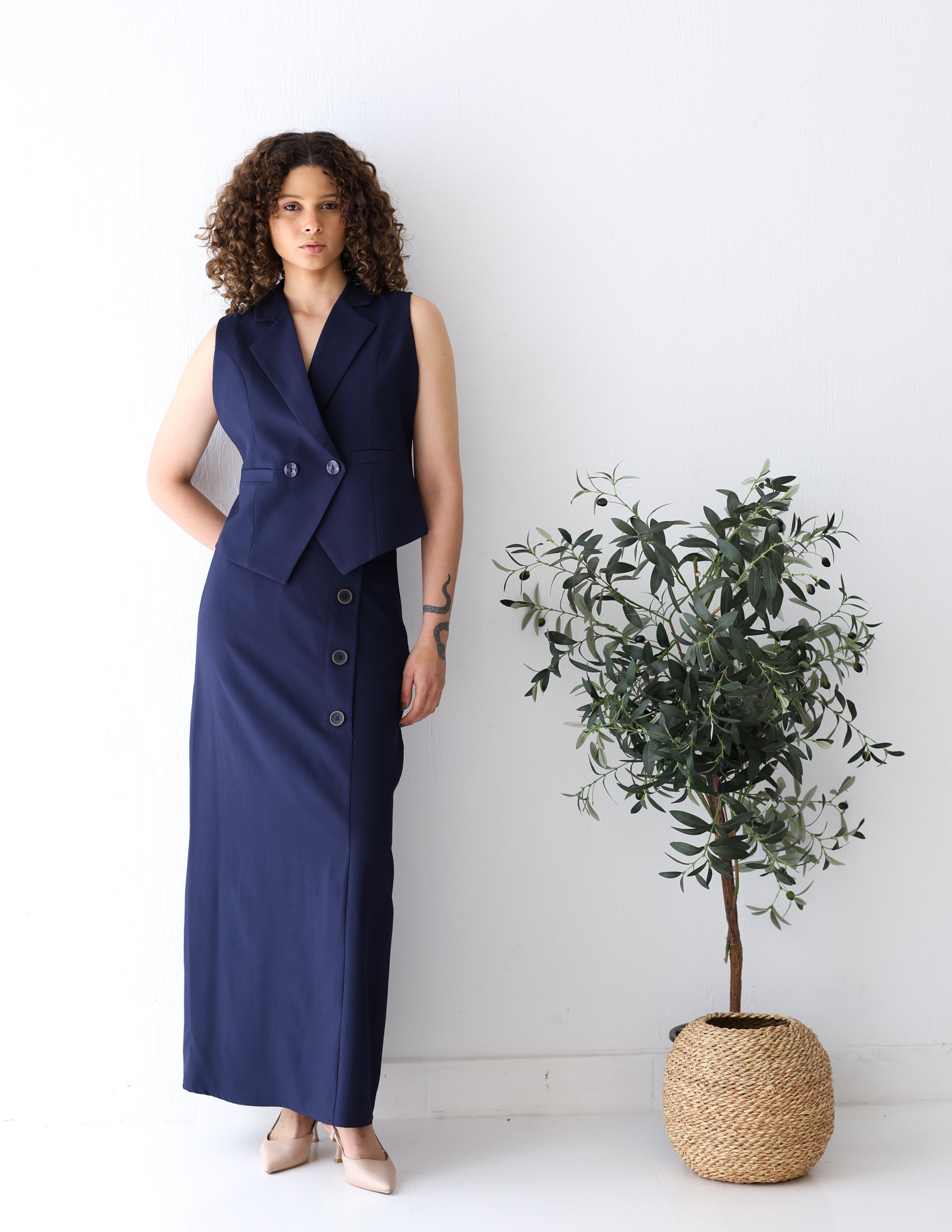 Navy Shadow Double Breasted Cropped Vest