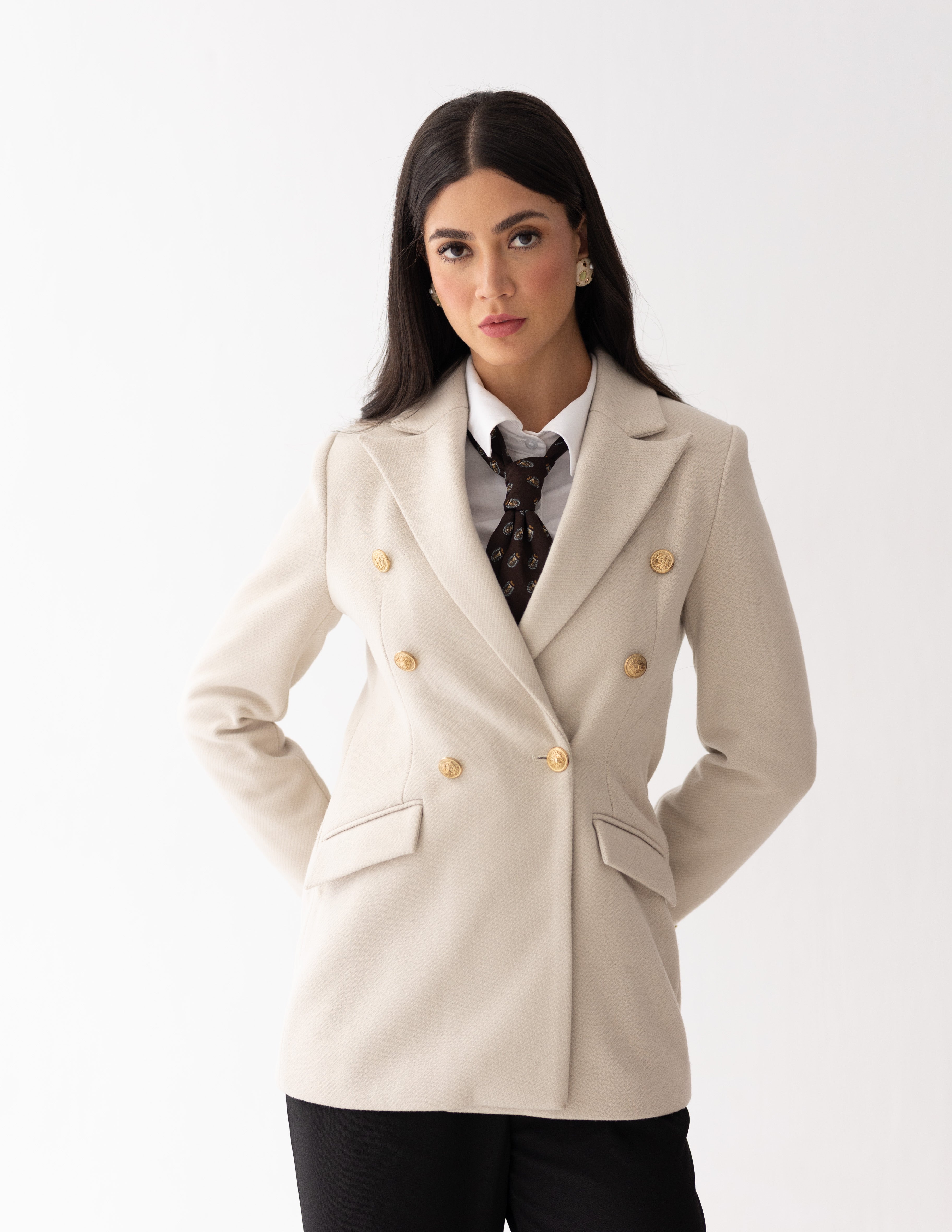 Cream Dune Tweed Wool Double Breasted Blazer