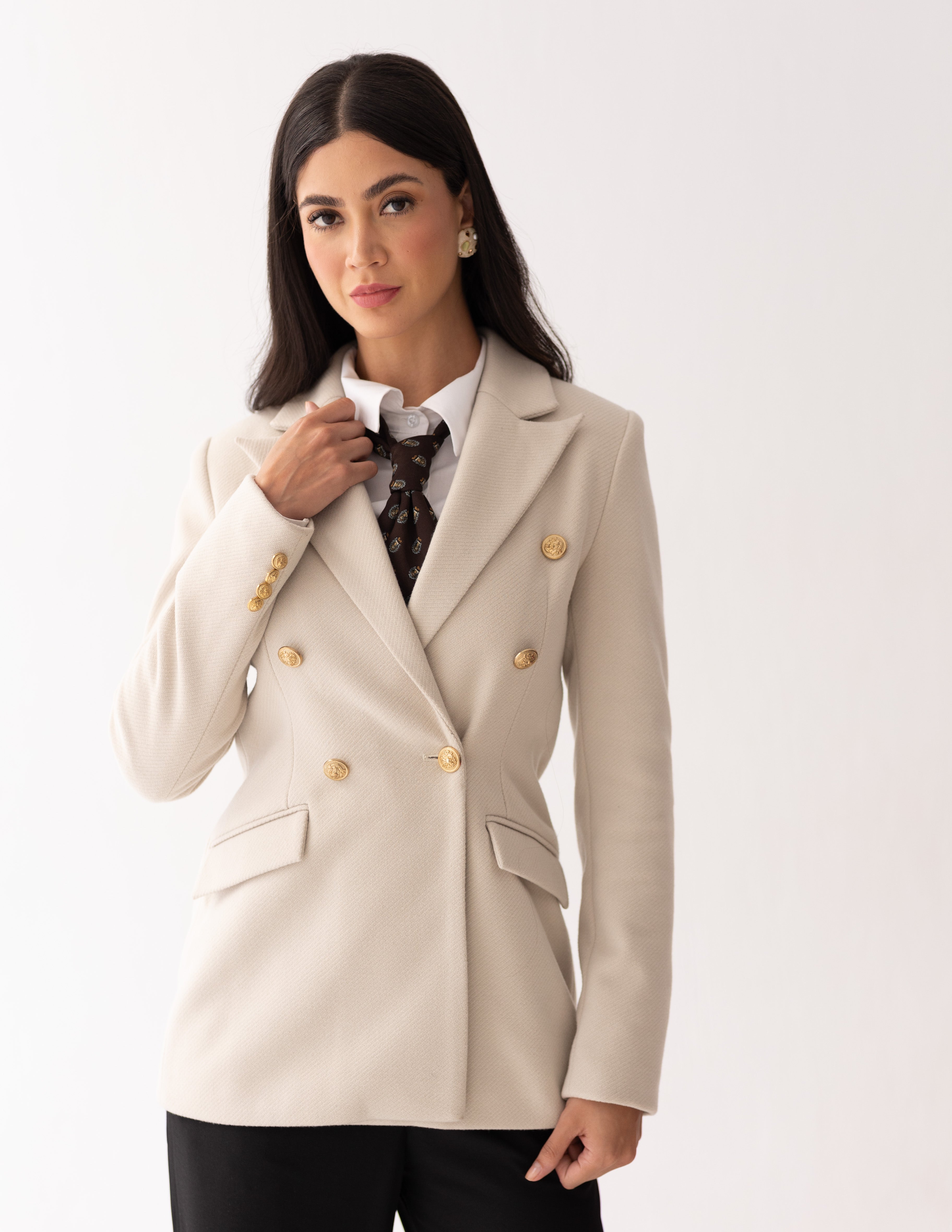 Cream Dune Tweed Wool Double Breasted Blazer