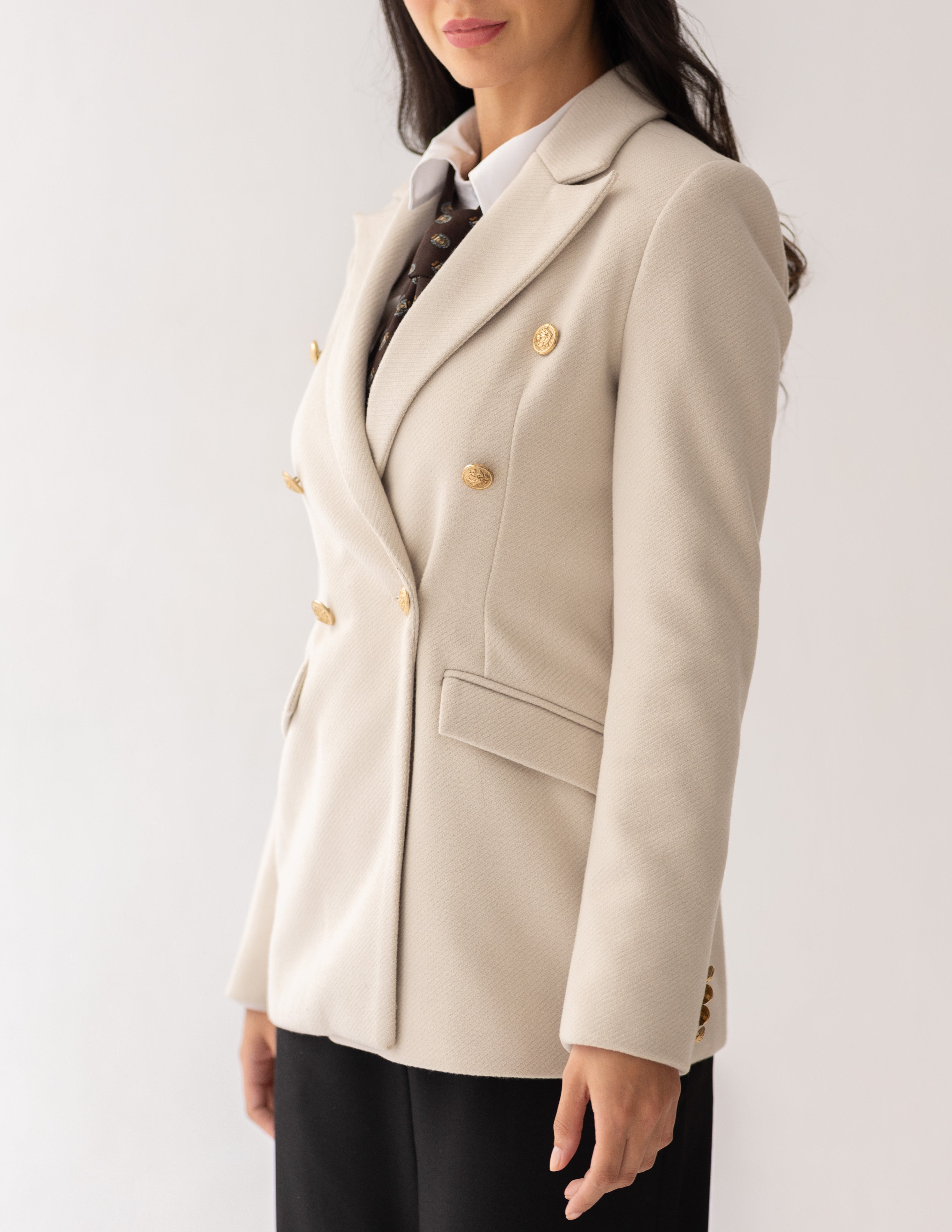 Cream Dune Tweed Wool Double Breasted Blazer