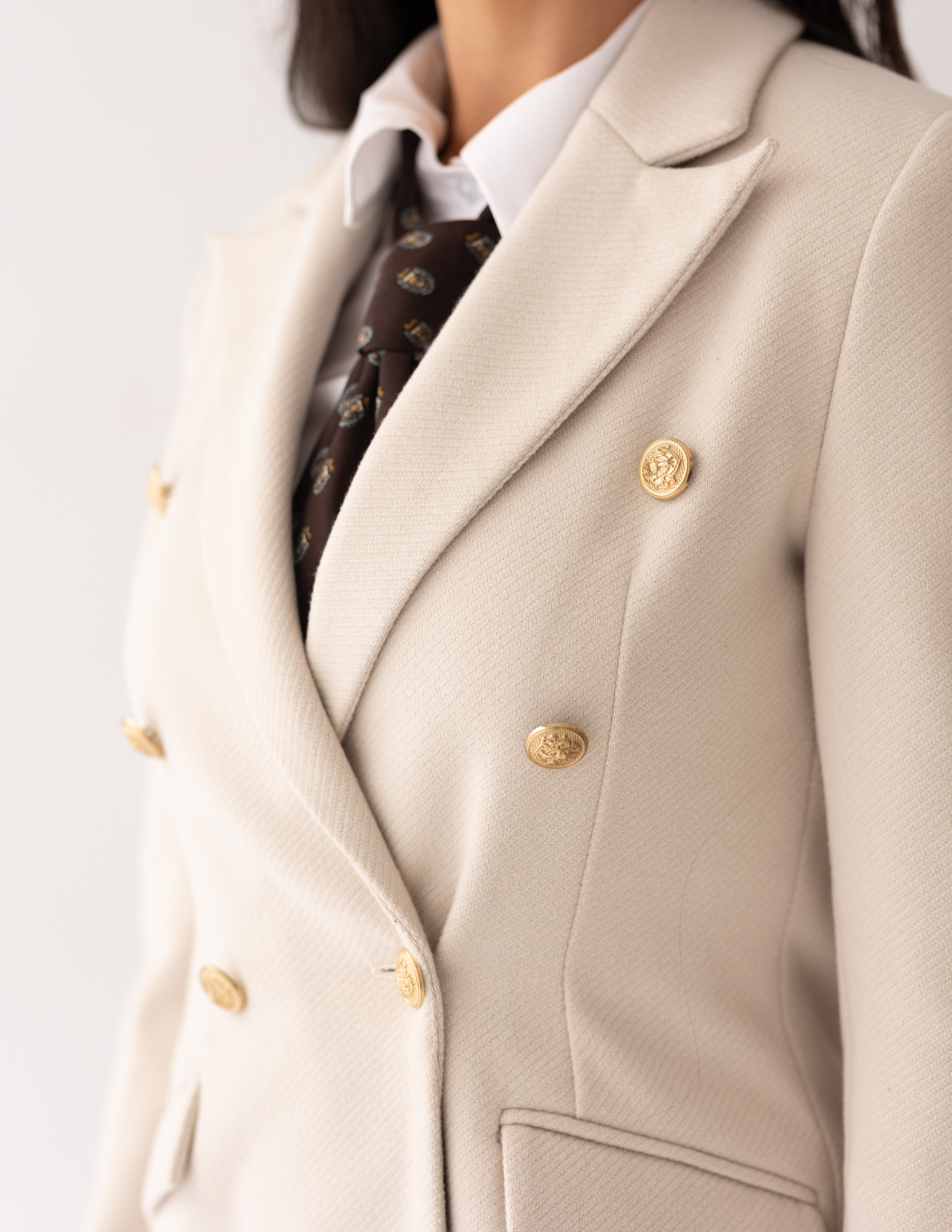 Cream Dune Tweed Wool Double Breasted Blazer