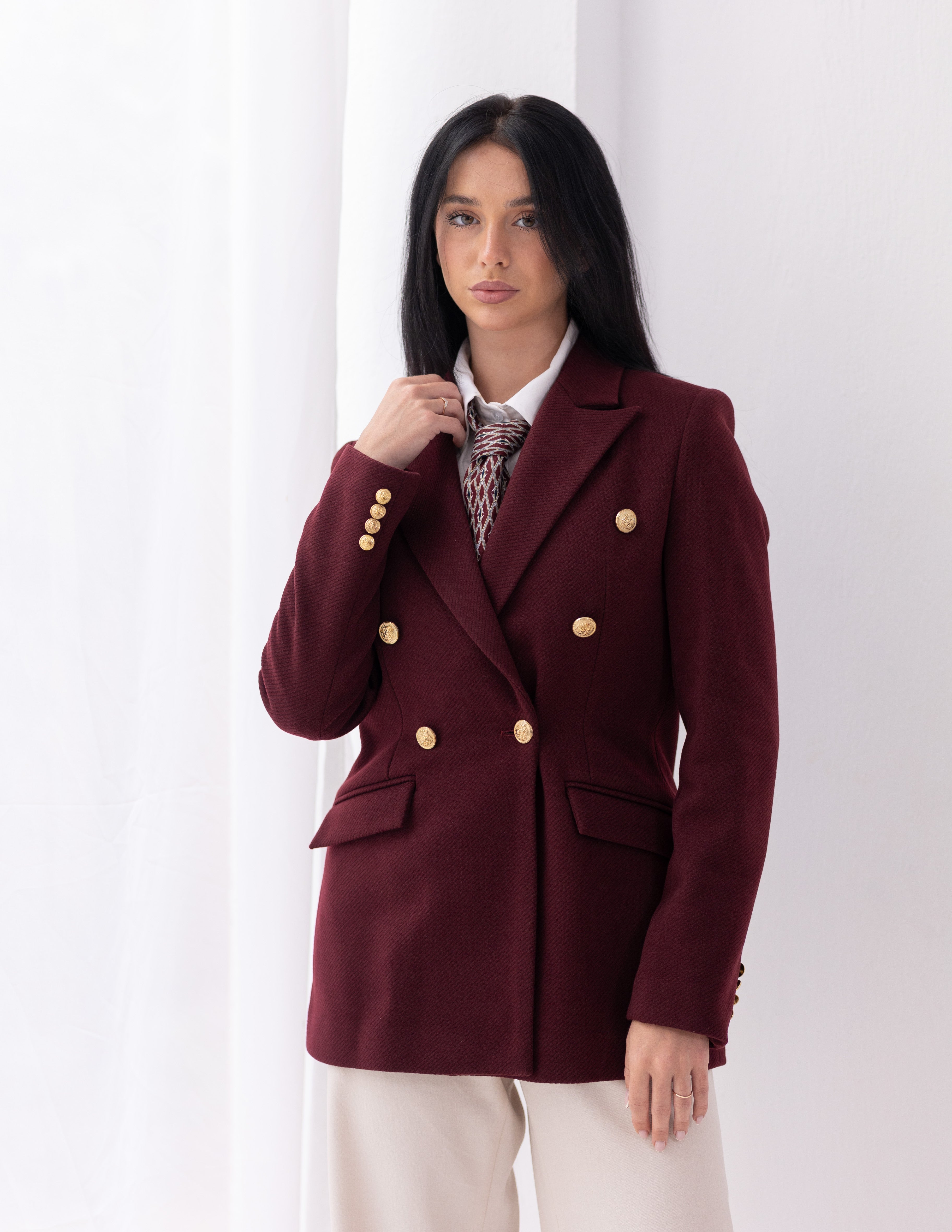 Royal Burgundy Tweed Wool Double Breasted Blazer