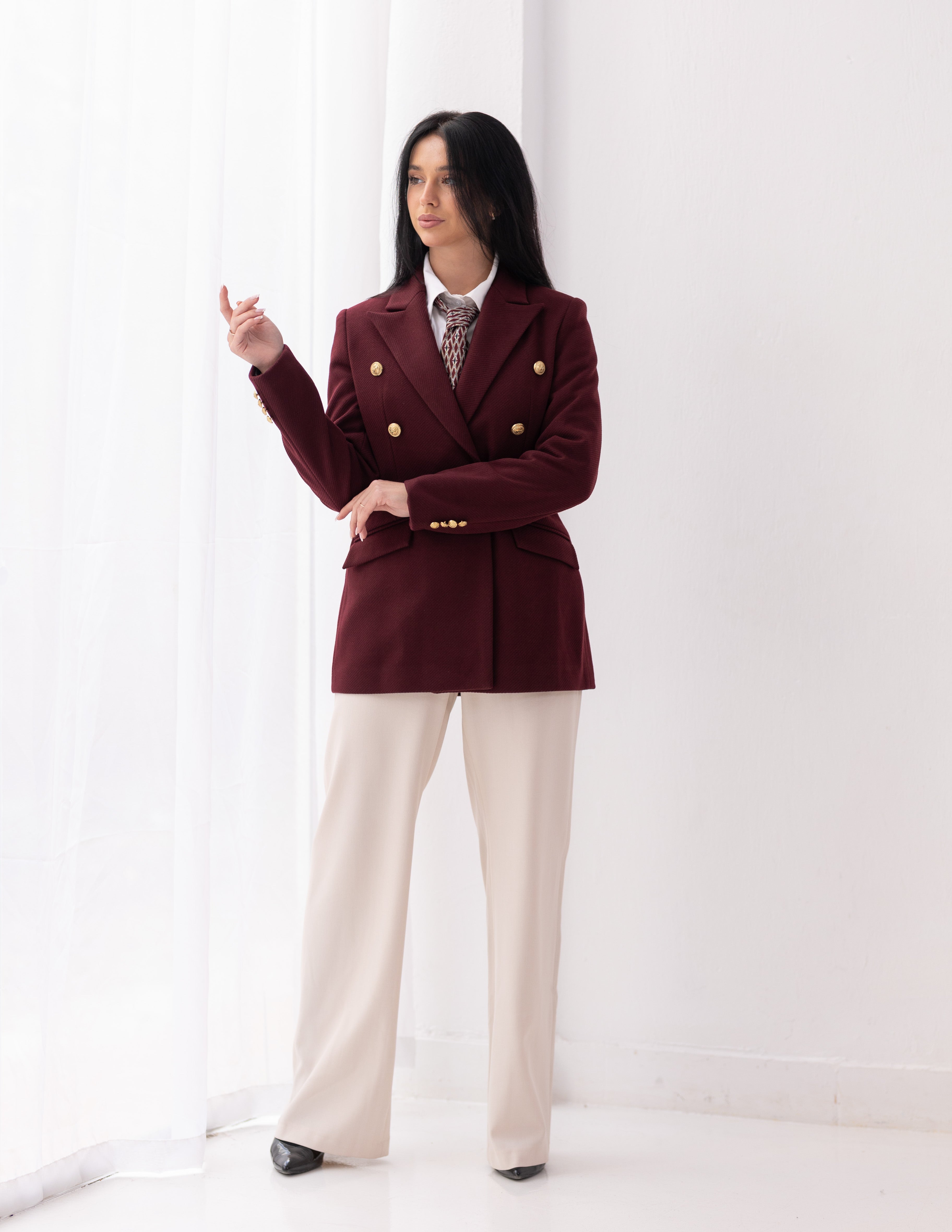 Royal Burgundy Tweed Wool Double Breasted Blazer