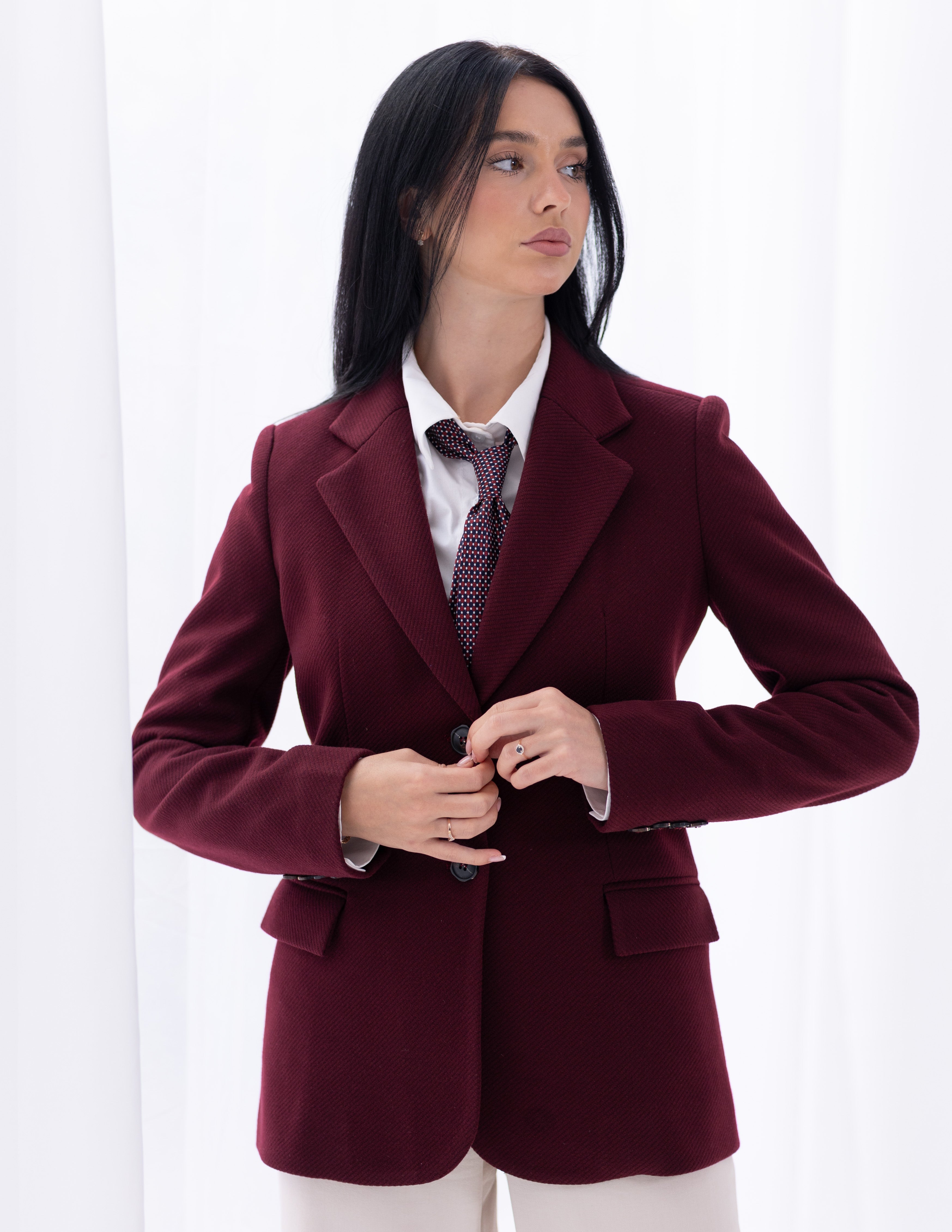 Royal Burgundy Tweed Wool Straight Blazer