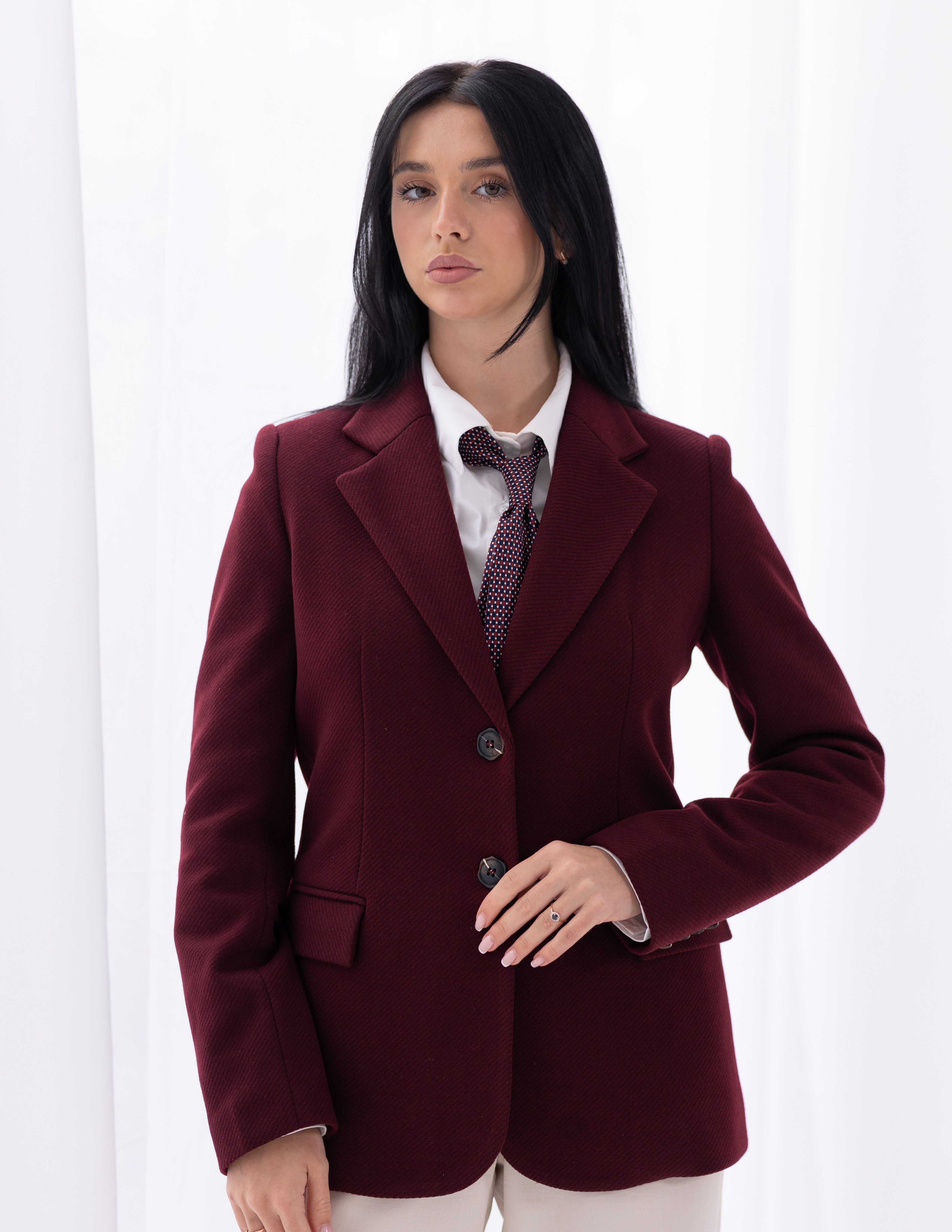Royal Burgundy Tweed Wool Straight Blazer