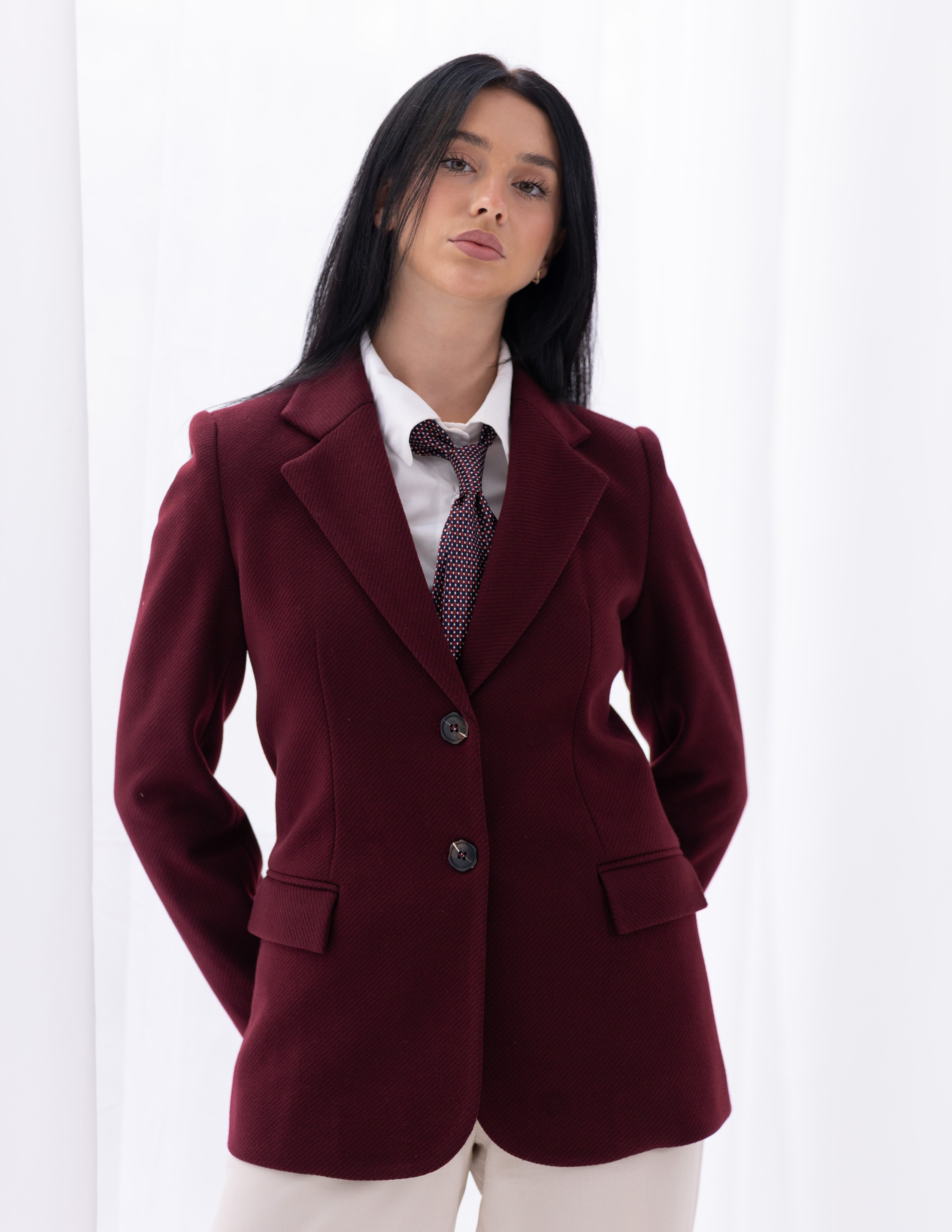 Royal Burgundy Tweed Wool Straight Blazer