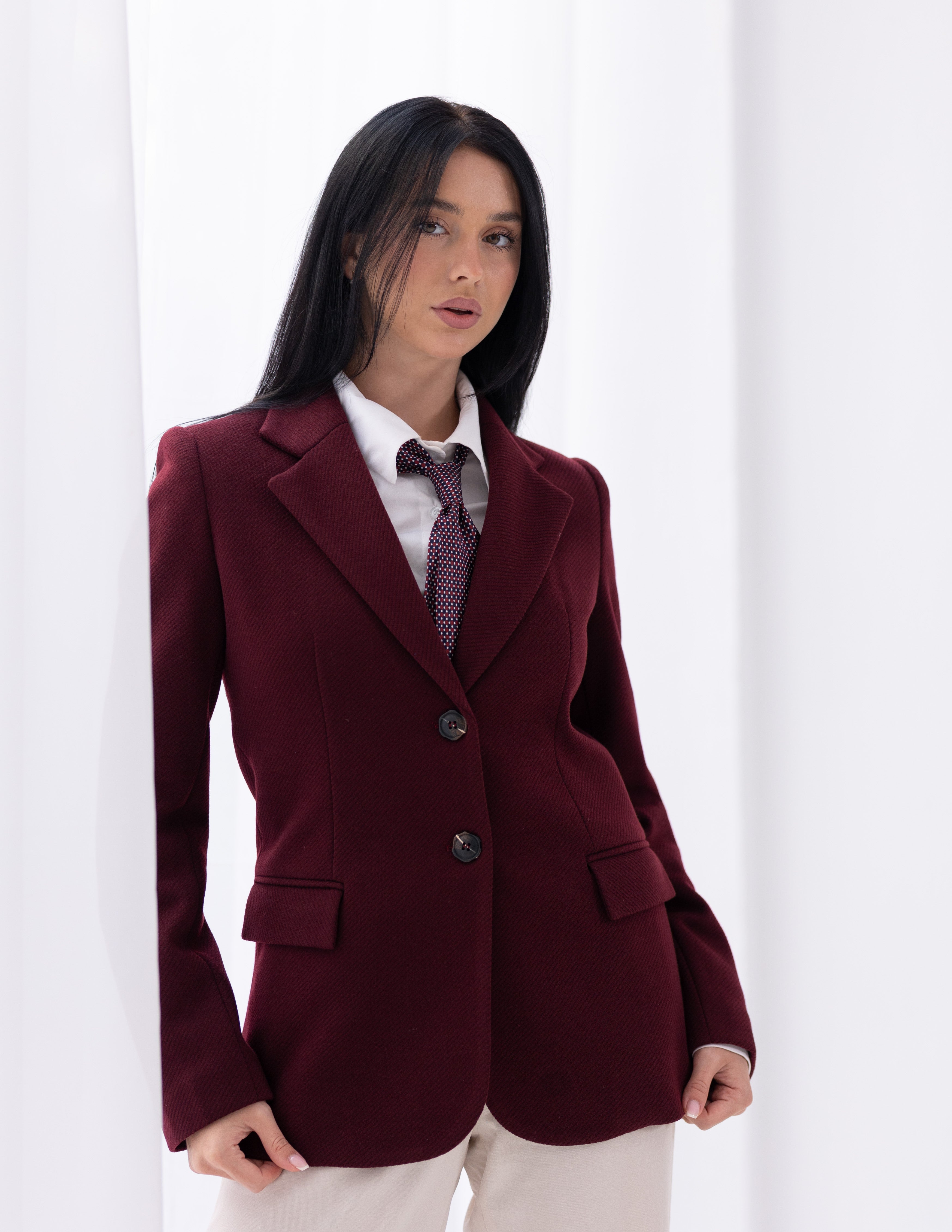 Royal Burgundy Tweed Wool Straight Blazer