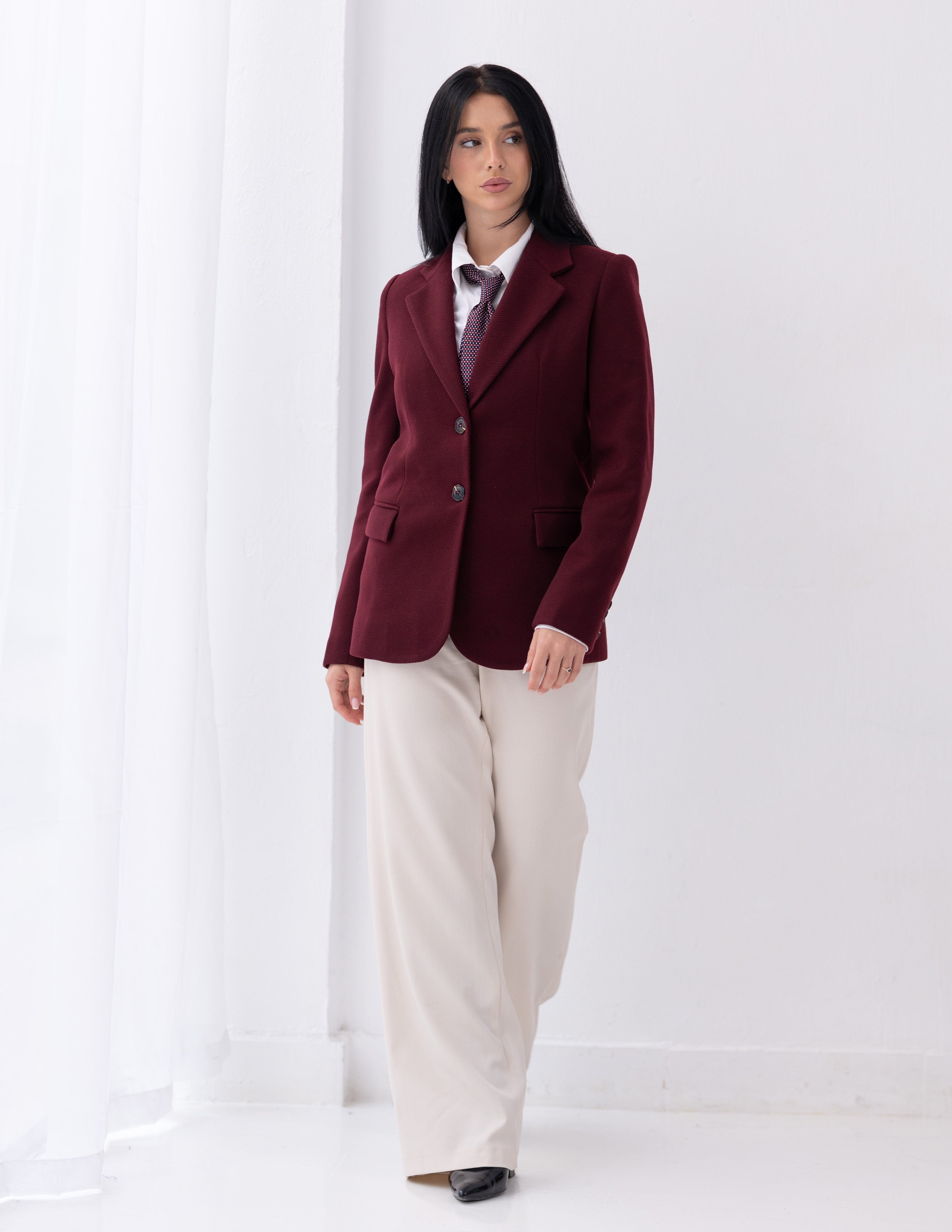 Royal Burgundy Tweed Wool Straight Blazer