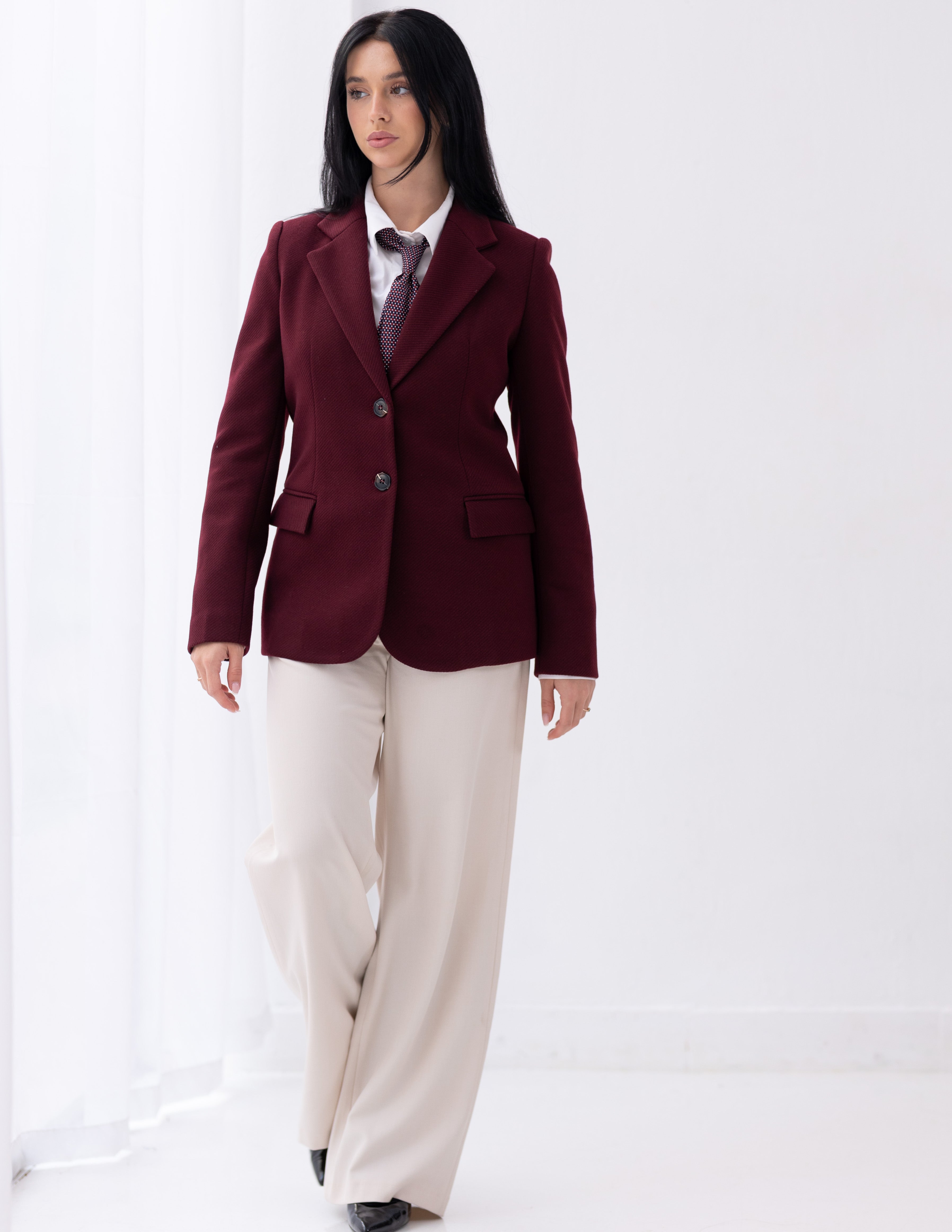 Royal Burgundy Tweed Wool Straight Blazer