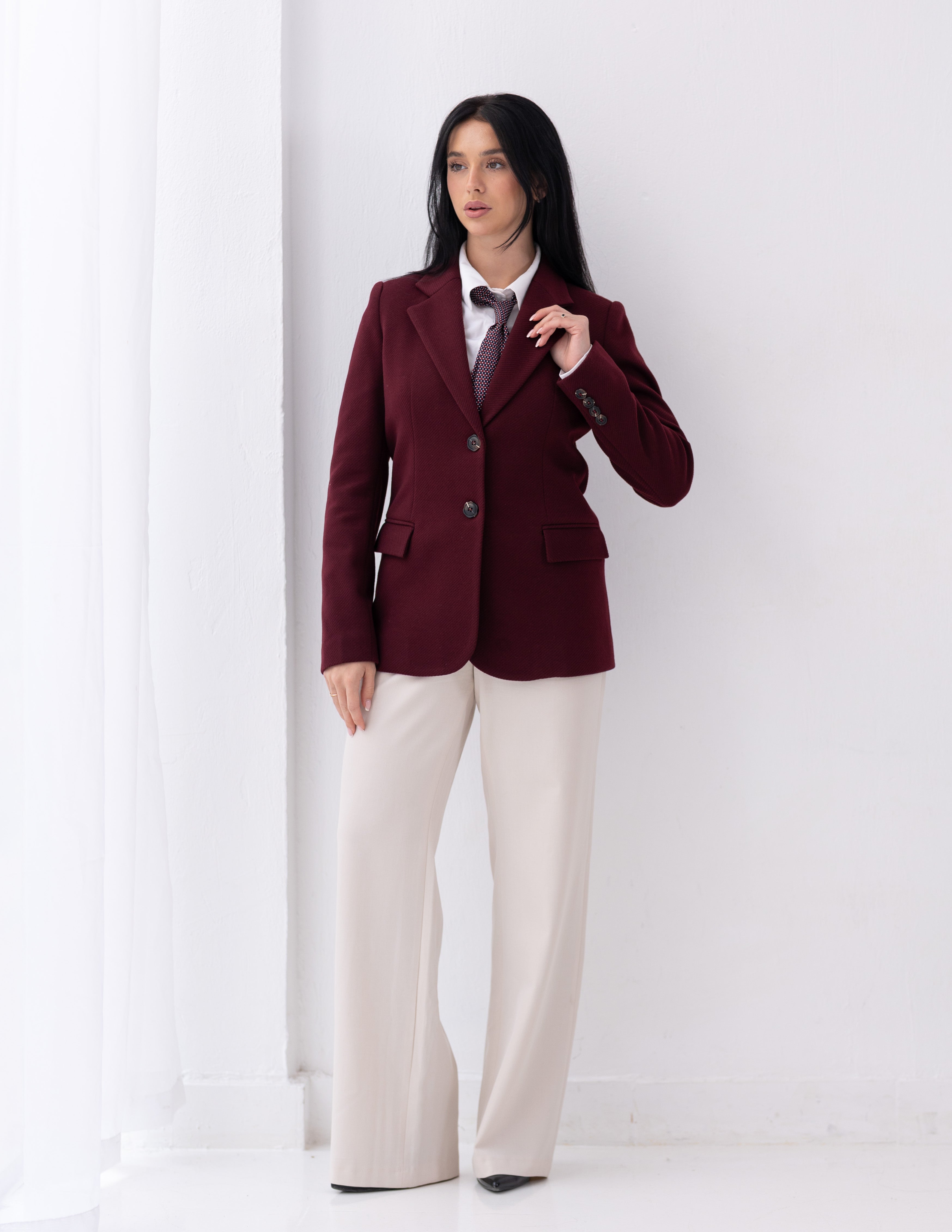 Royal Burgundy Tweed Wool Straight Blazer