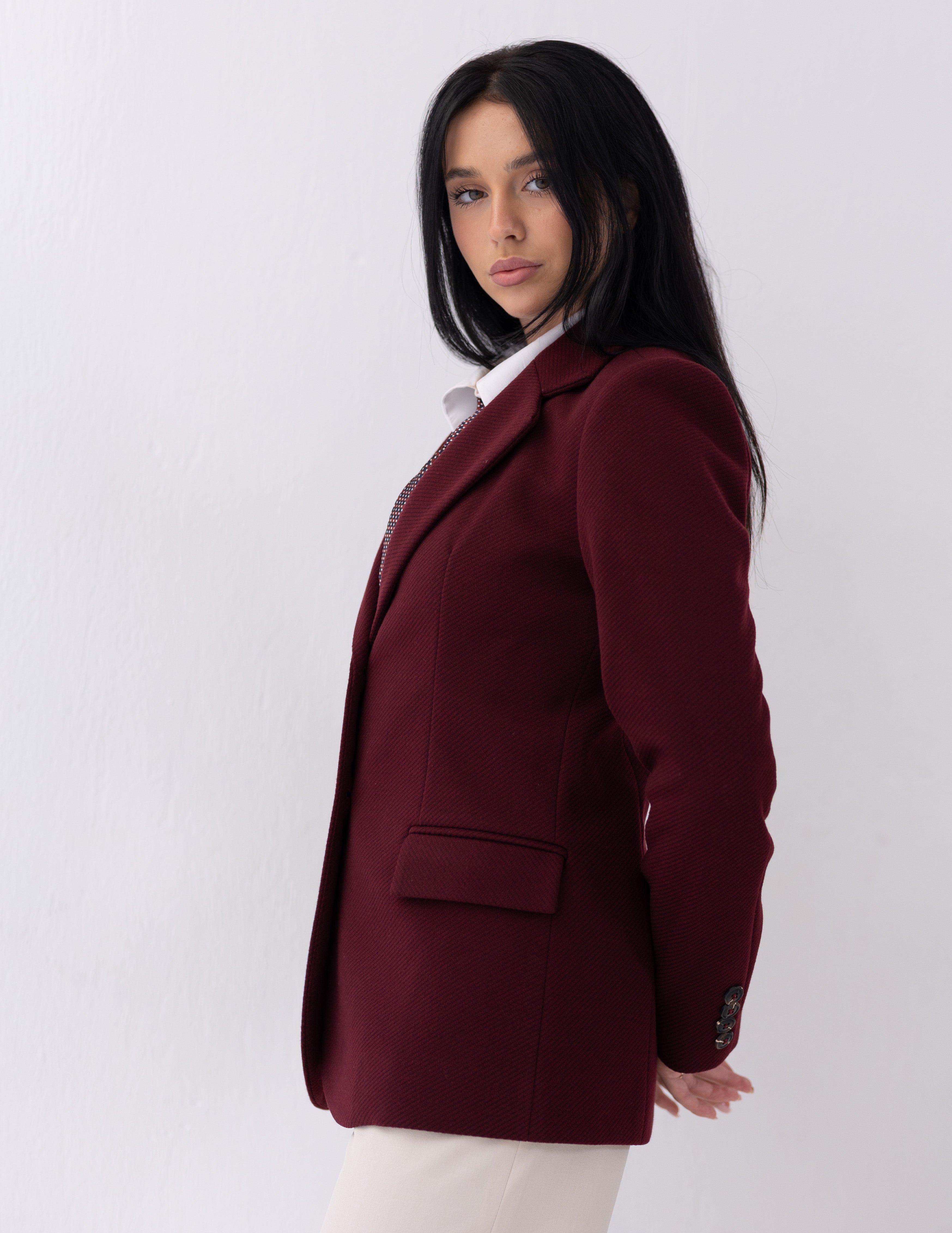 Royal Burgundy Tweed Wool Straight Blazer