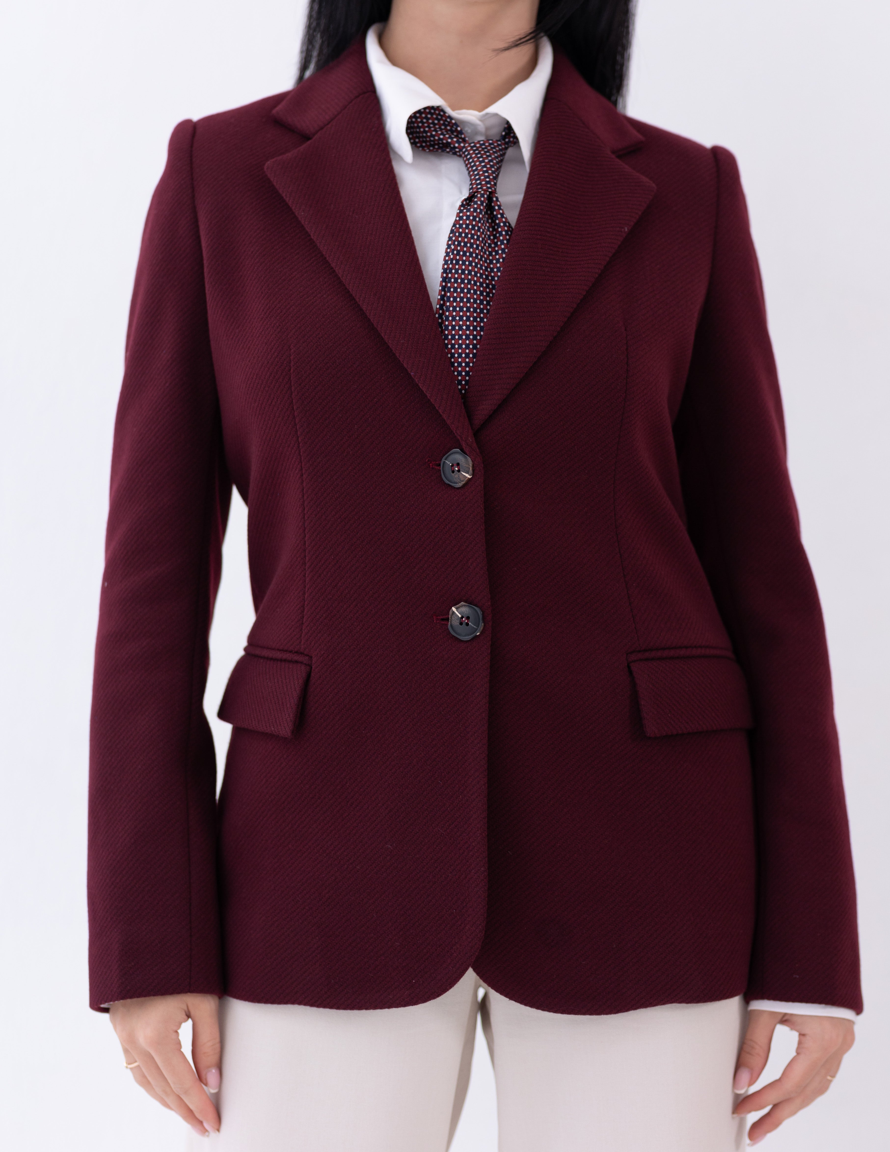Royal Burgundy Tweed Wool Straight Blazer