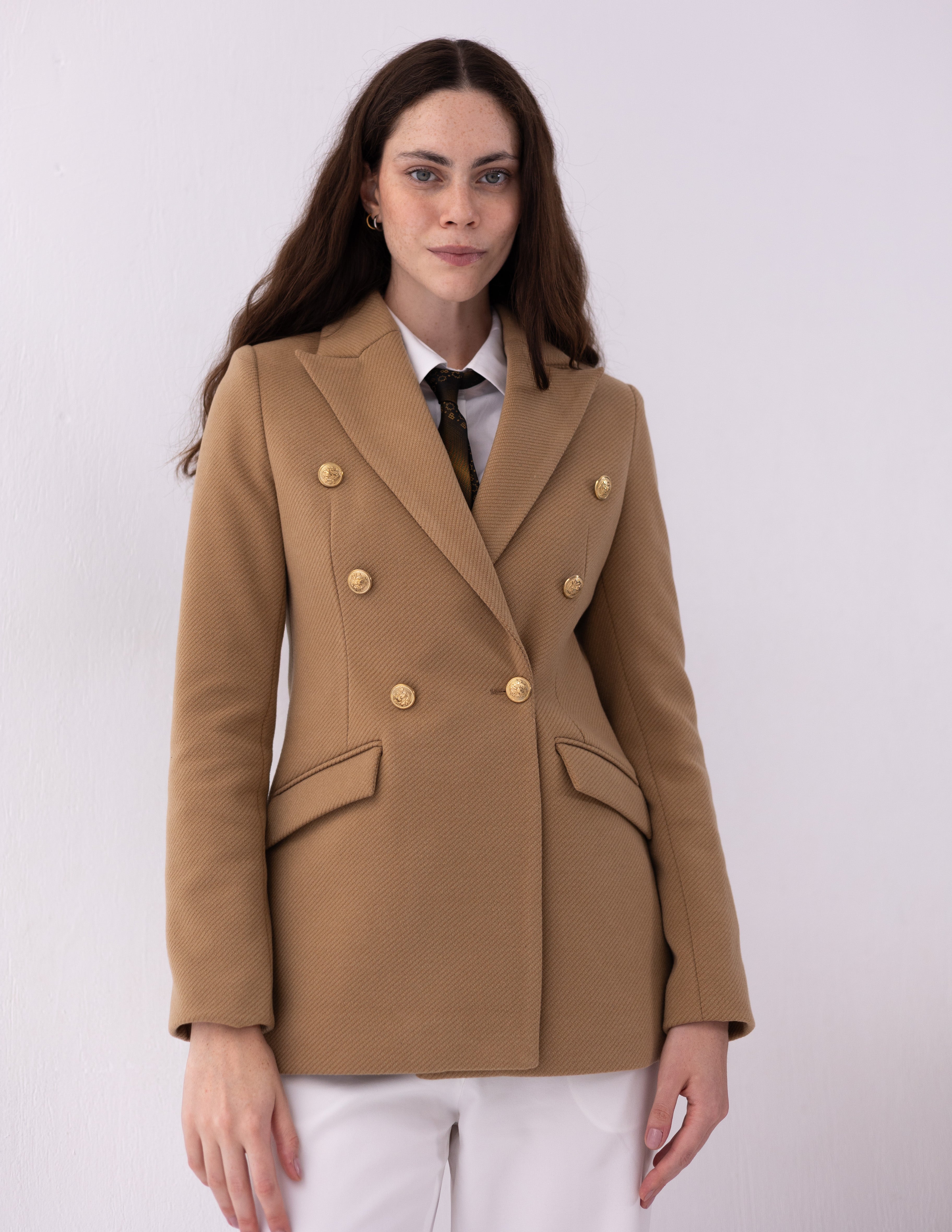 Golden Caramel Tweed Wool Double Breasted Blazer