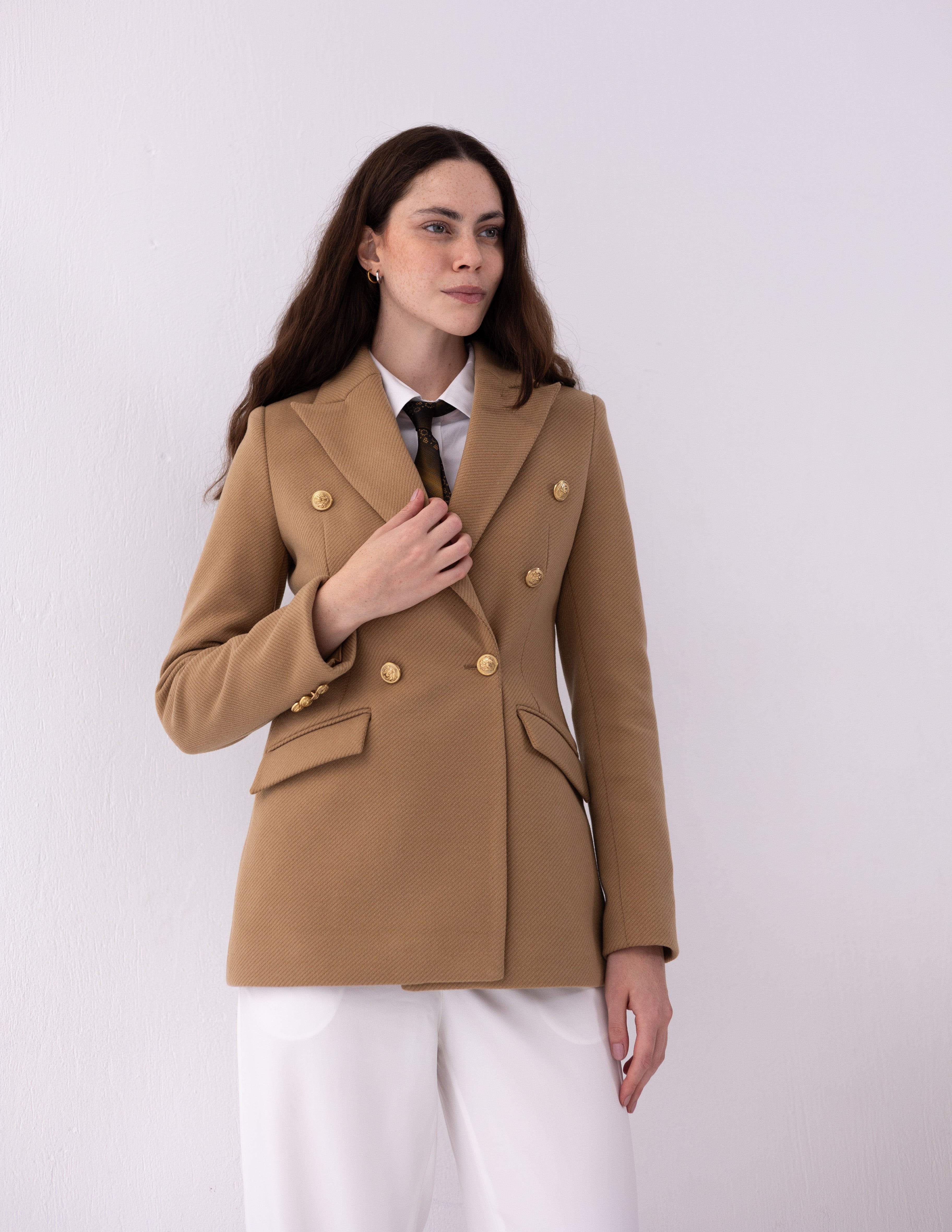 Golden Caramel Tweed Wool Double Breasted Blazer