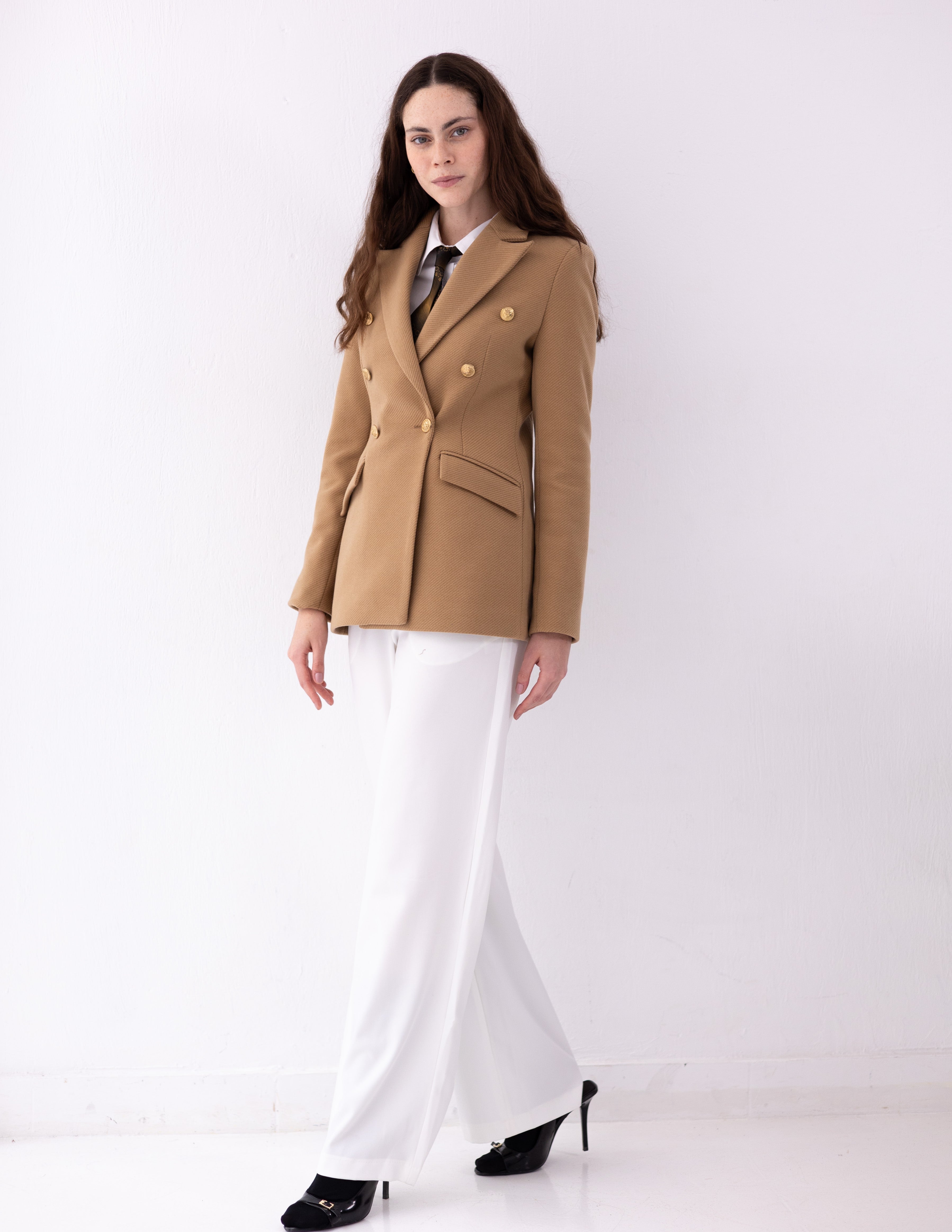 Golden Caramel Tweed Wool Double Breasted Blazer