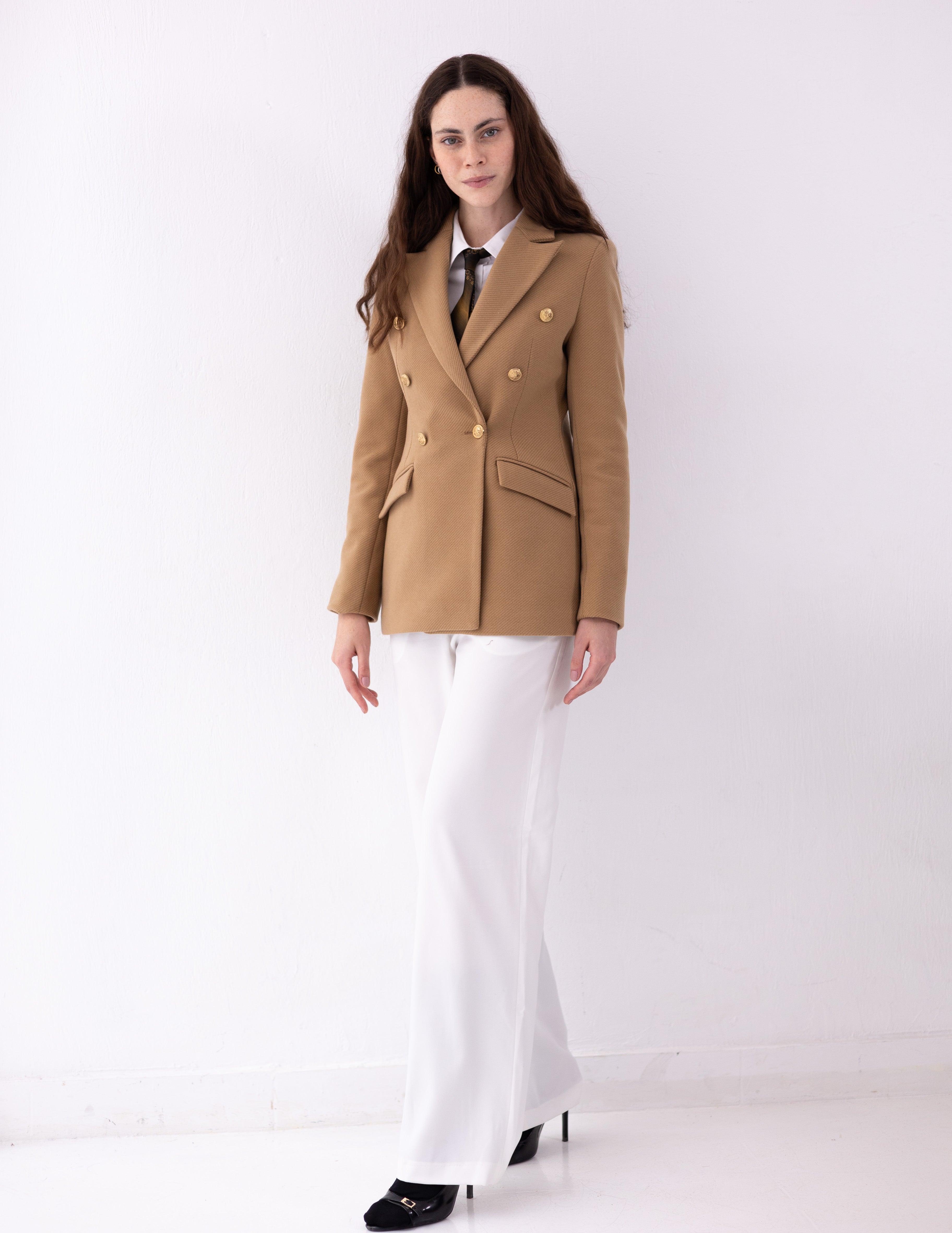 Golden Caramel Tweed Wool Double Breasted Blazer