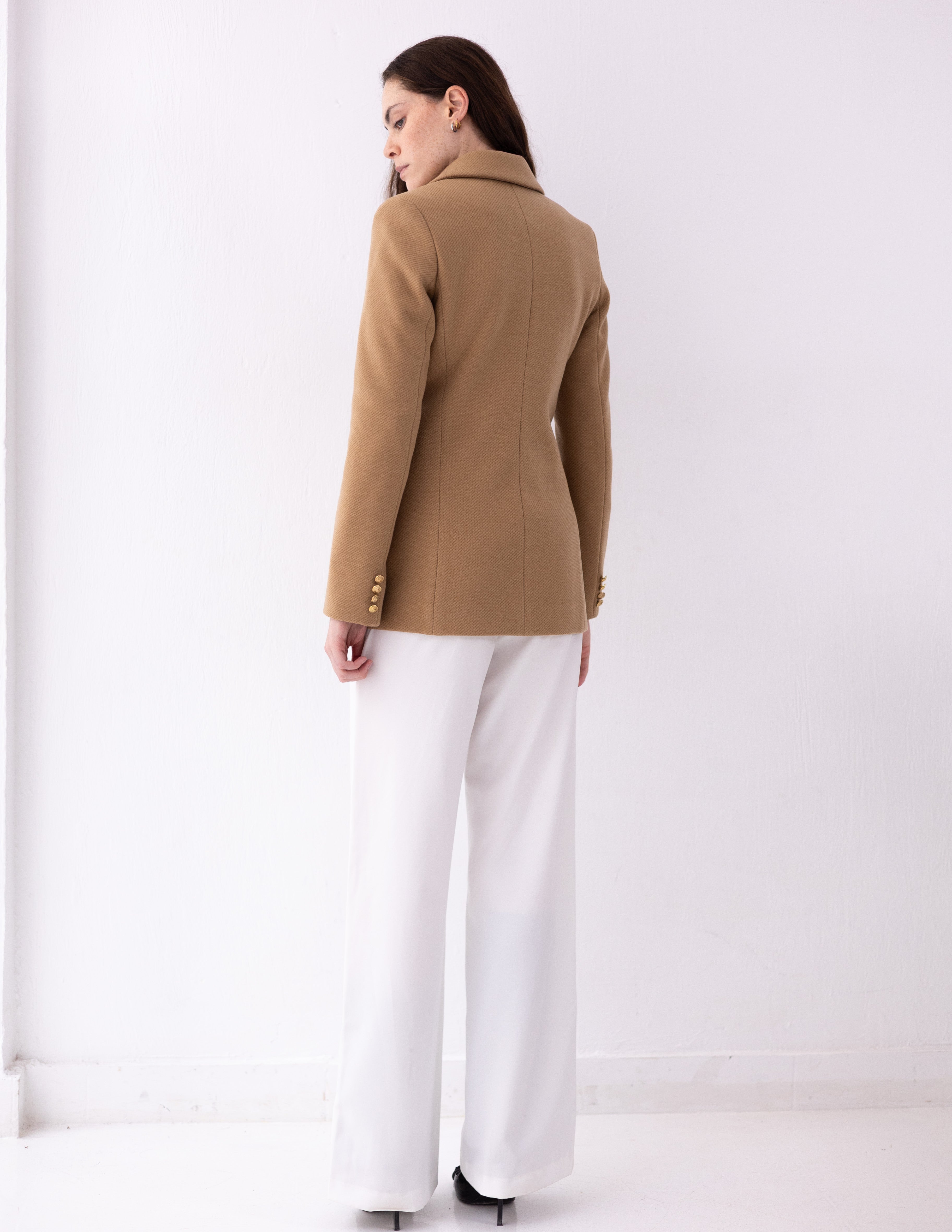 Golden Caramel Tweed Wool Double Breasted Blazer