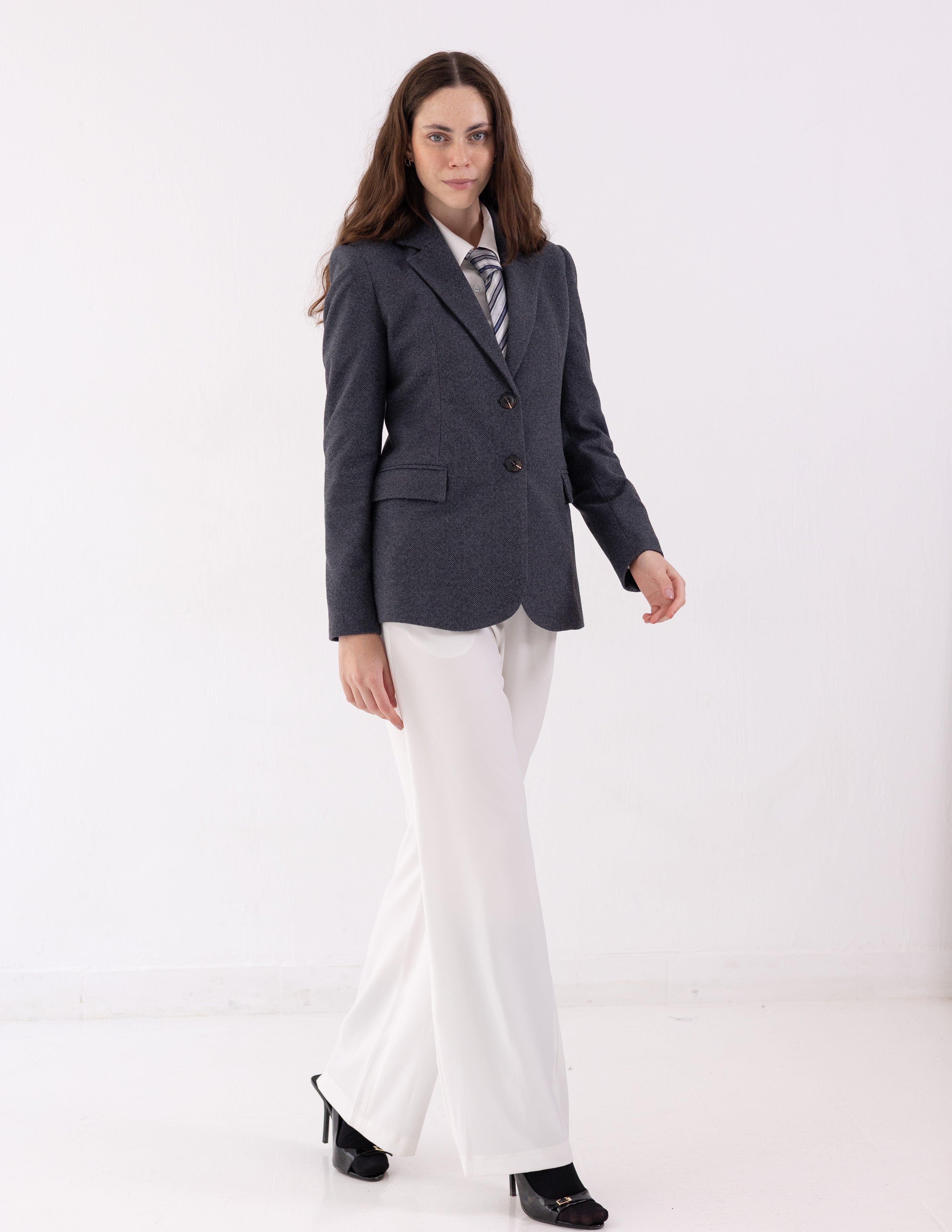 Steel Graphite Tweed Wool Straight Blazer