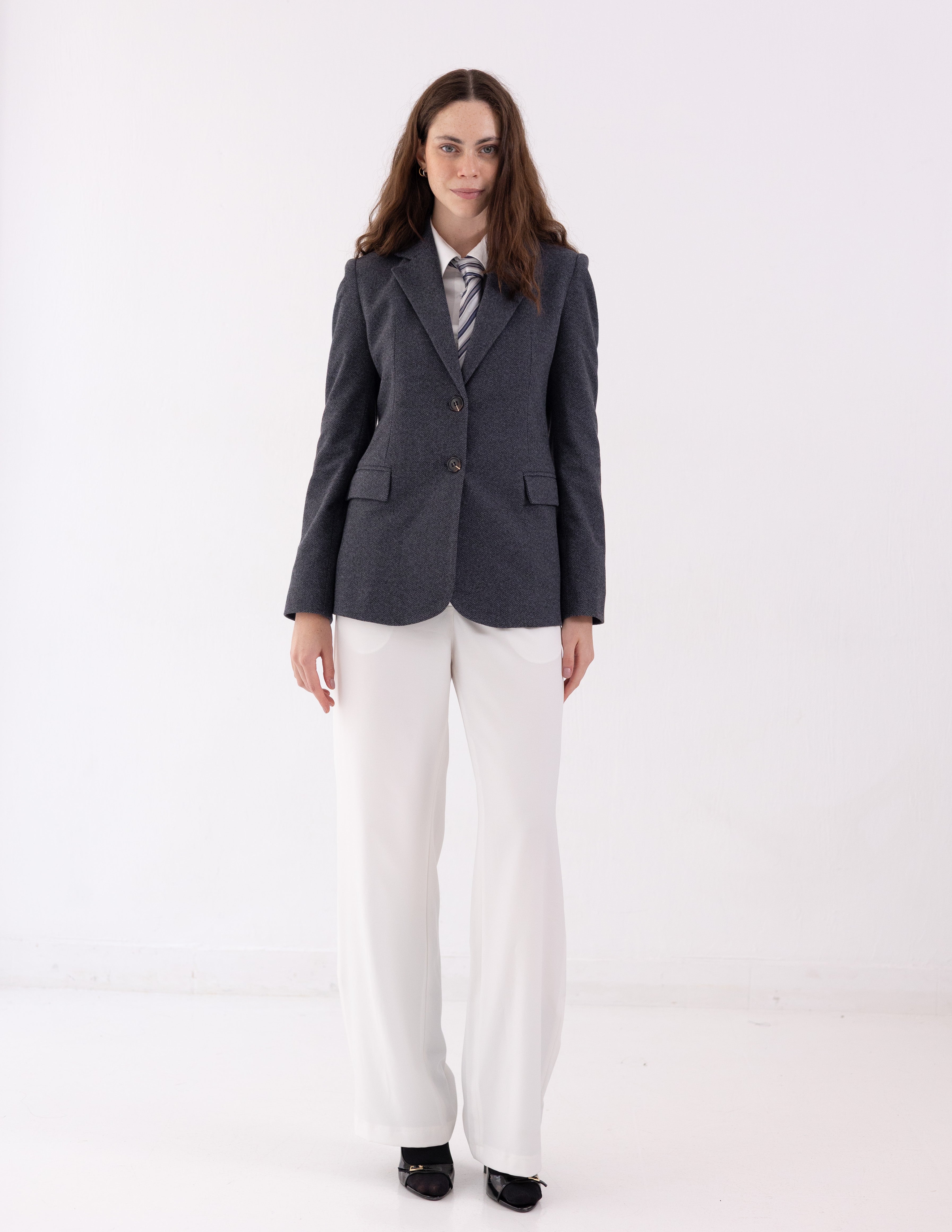 Steel Graphite Tweed Wool Straight Blazer