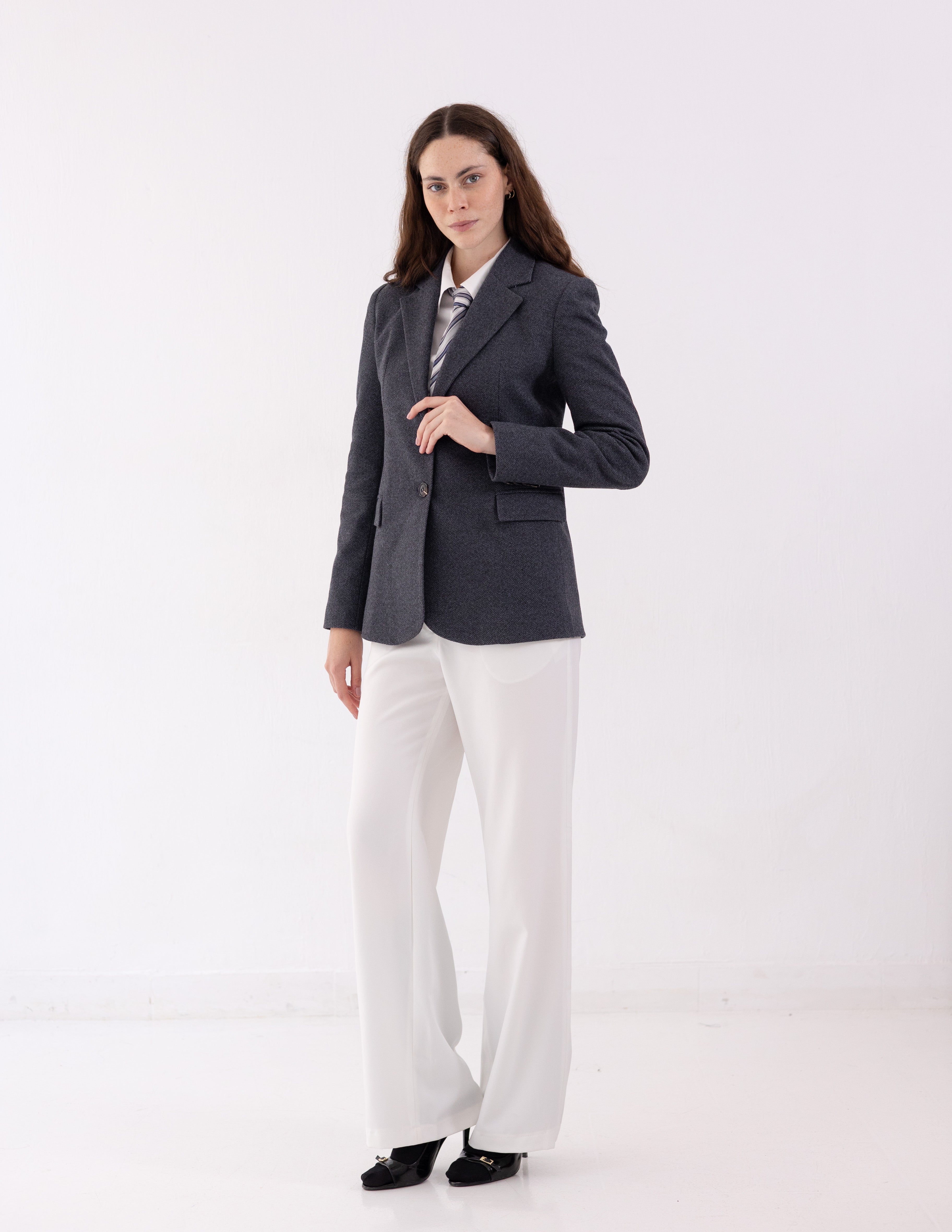 Steel Graphite Tweed Wool Straight Blazer