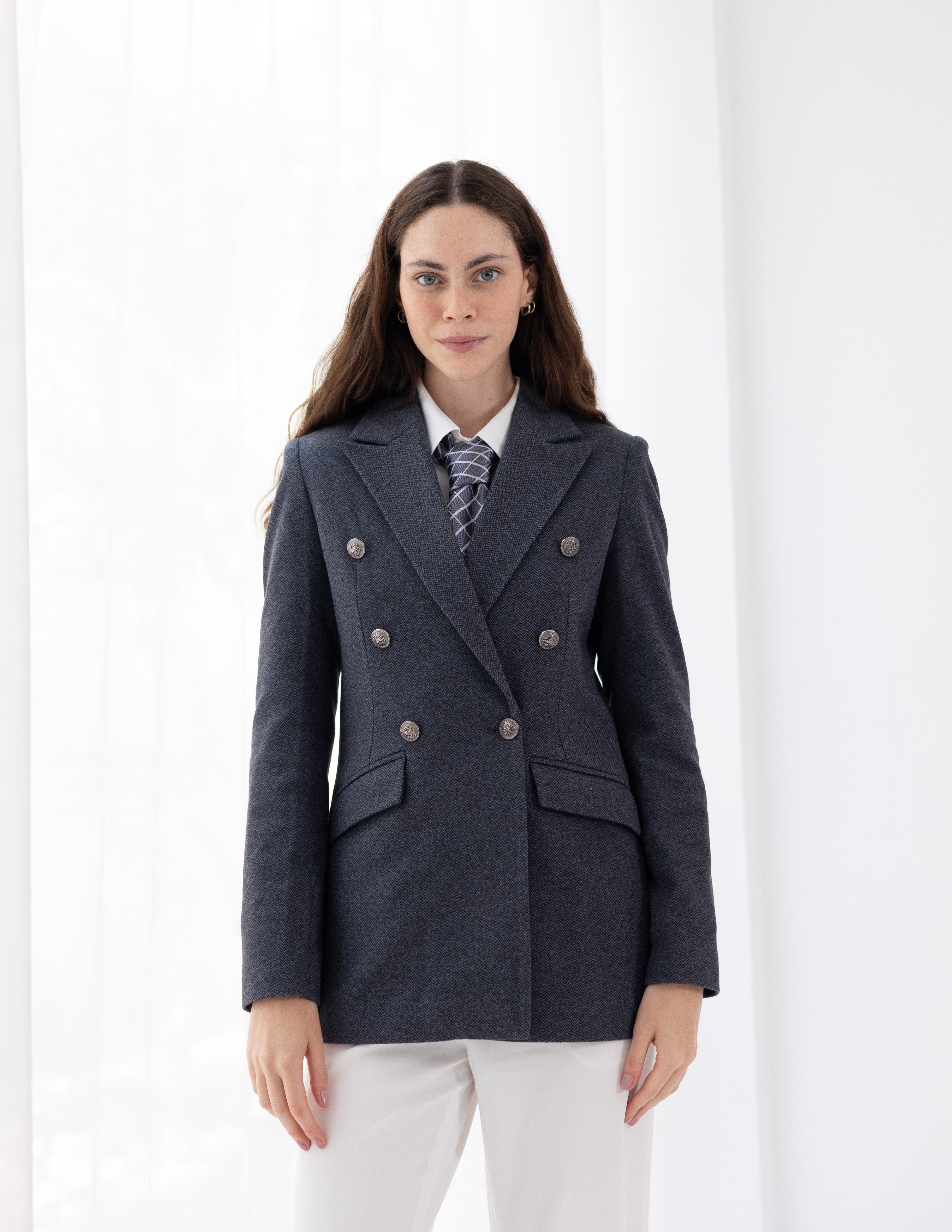 Steel Graphite Tweed Wool Double Breasted Blazer