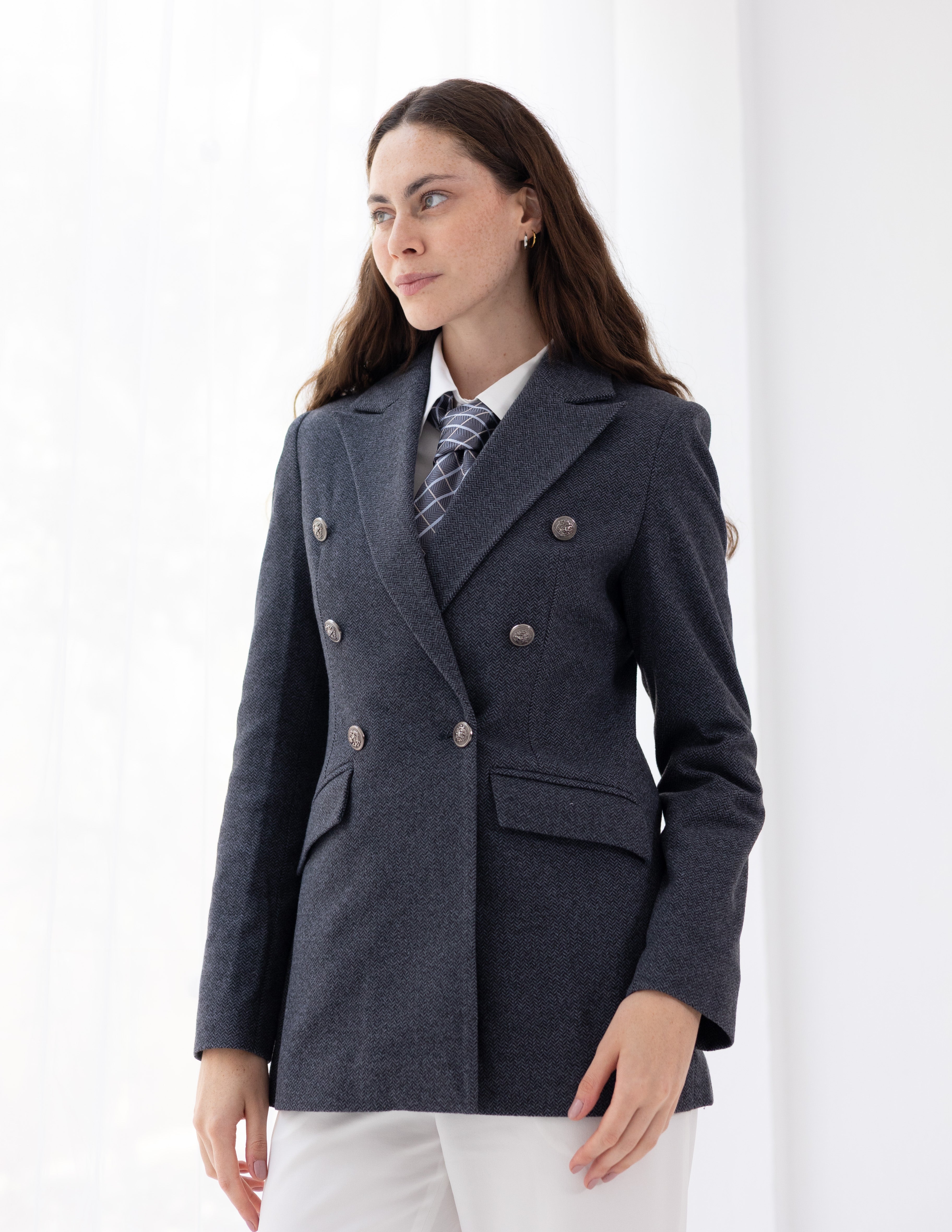 Steel Graphite Tweed Wool Double Breasted Blazer