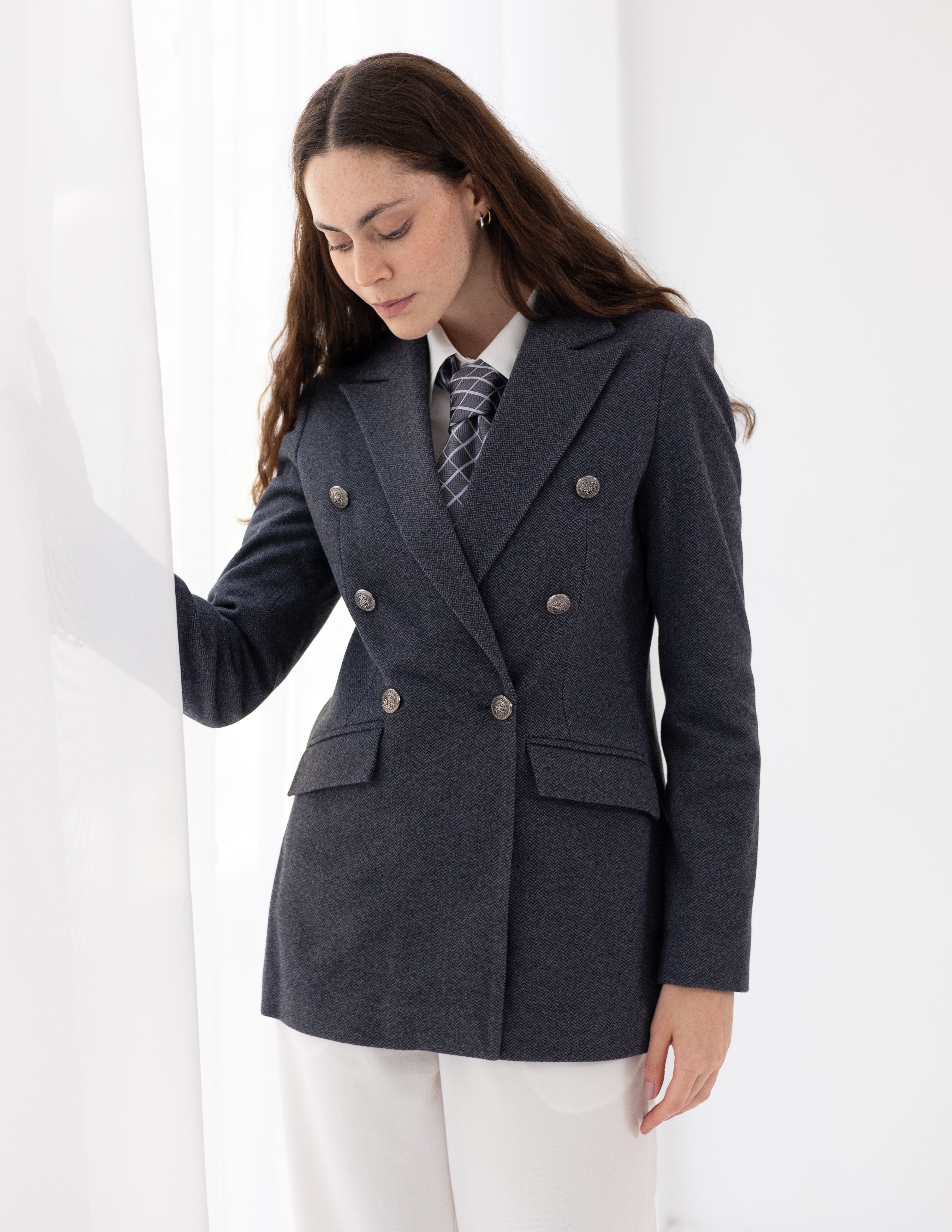 Steel Graphite Tweed Wool Double Breasted Blazer