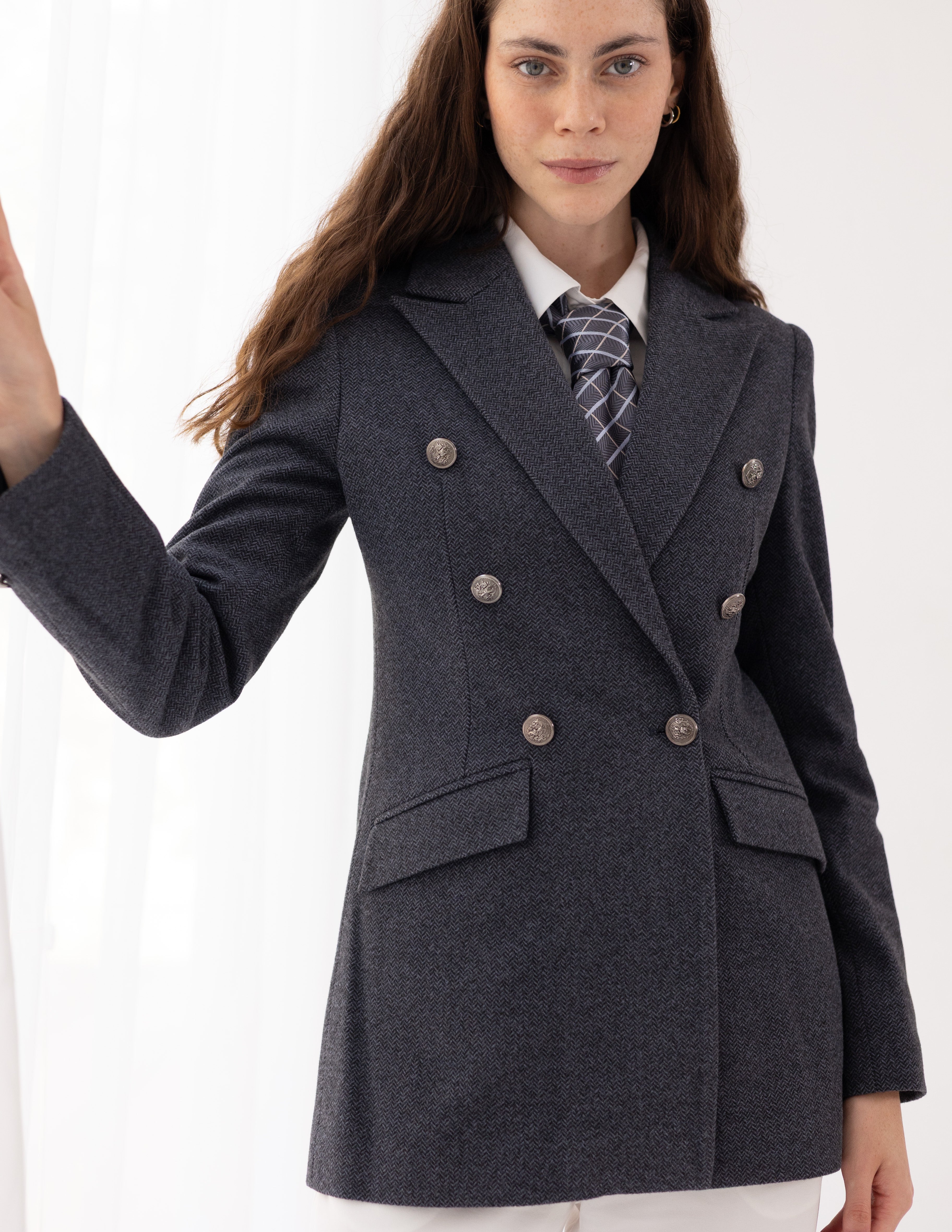 Steel Graphite Tweed Wool Double Breasted Blazer