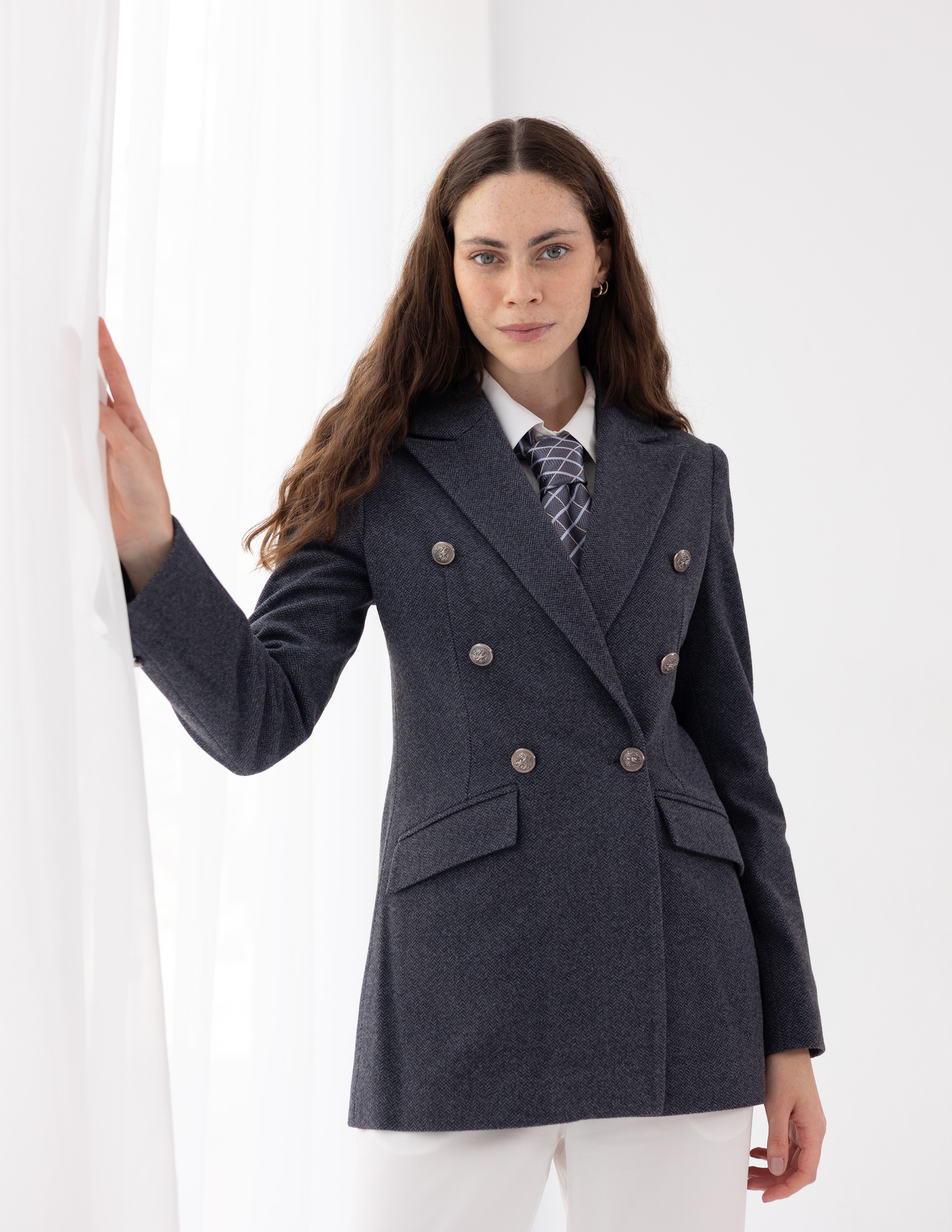 Steel Graphite Tweed Wool Double Breasted Blazer