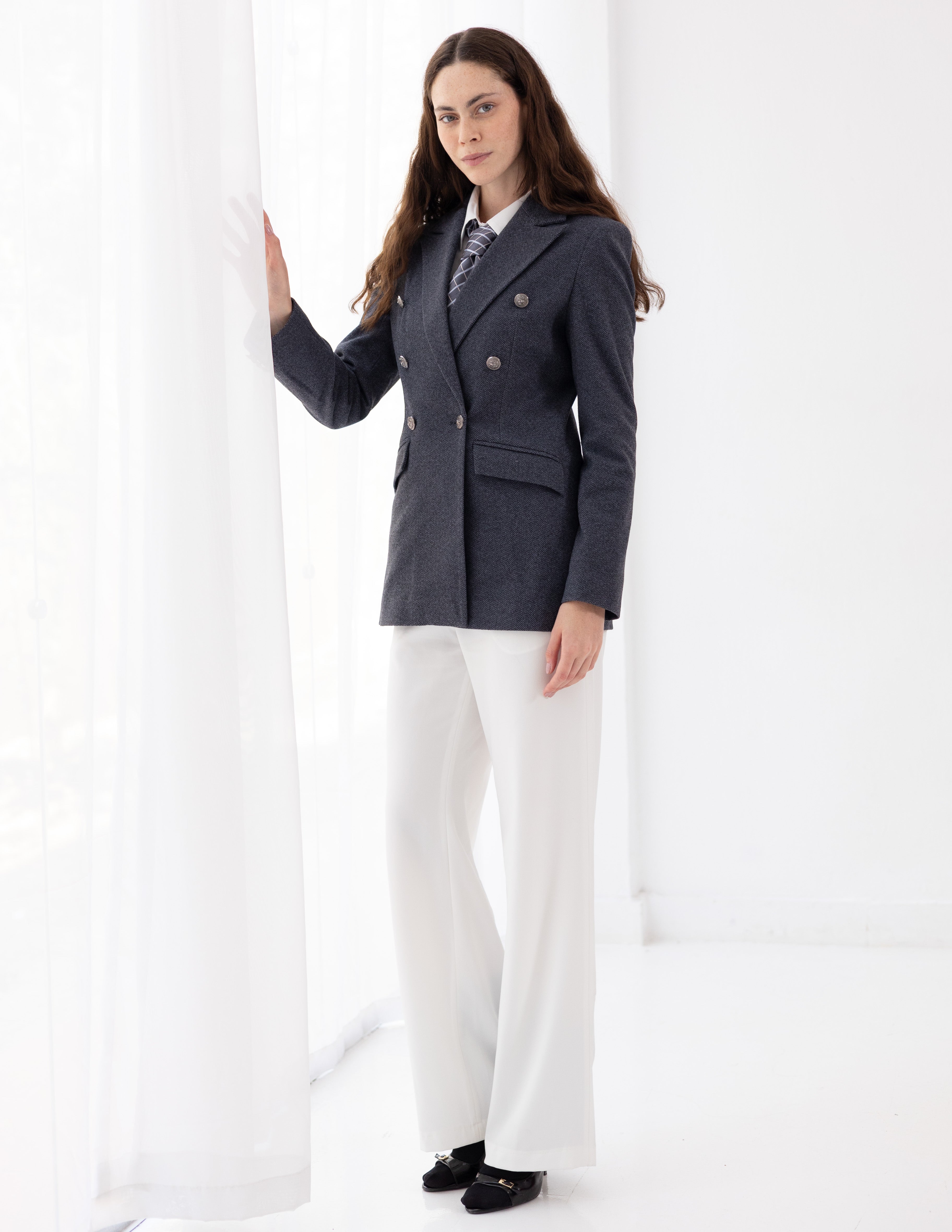 Steel Graphite Tweed Wool Double Breasted Blazer