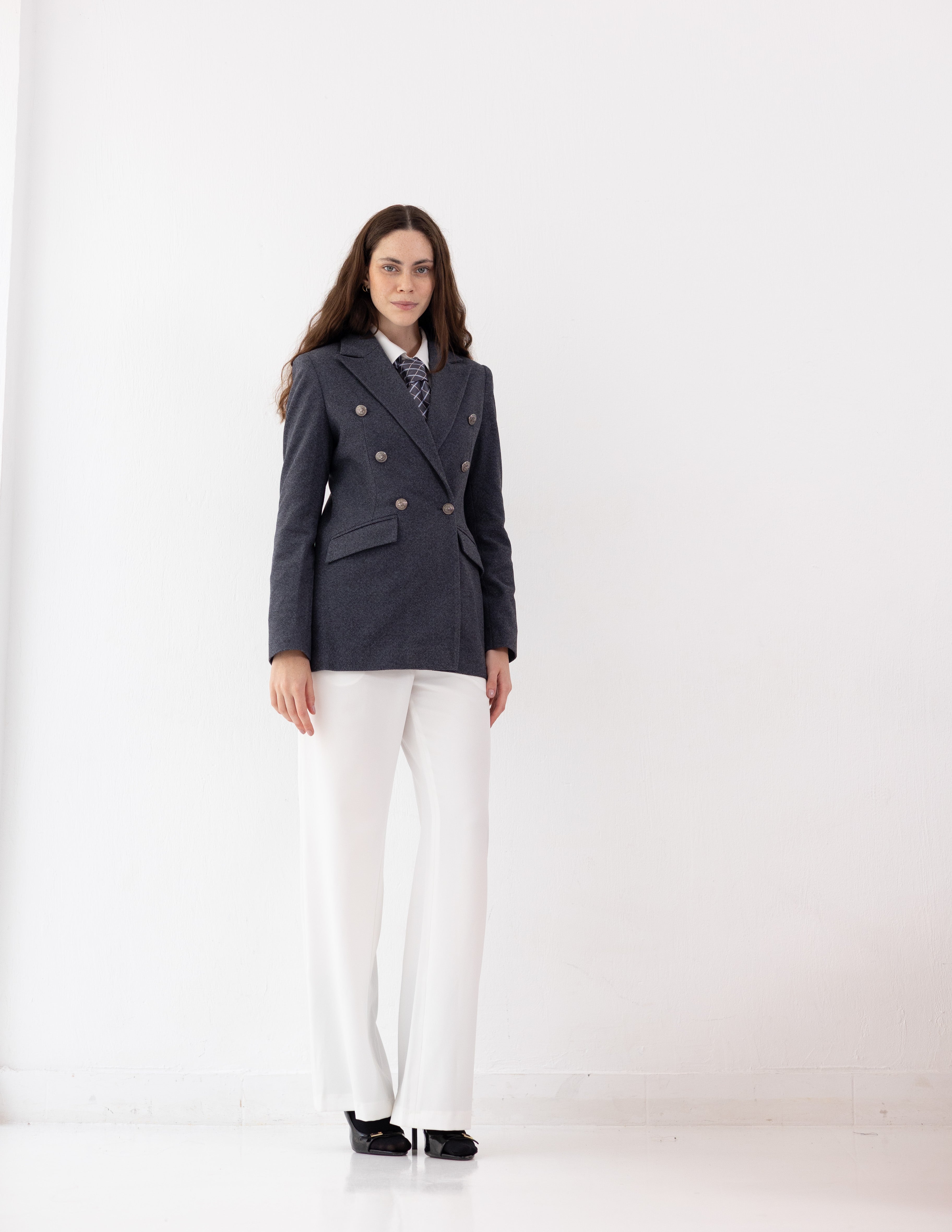 Steel Graphite Tweed Wool Double Breasted Blazer